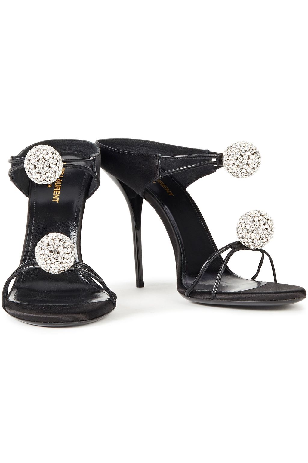SAINT LAURENT Crystal-embellished leather and satin mules