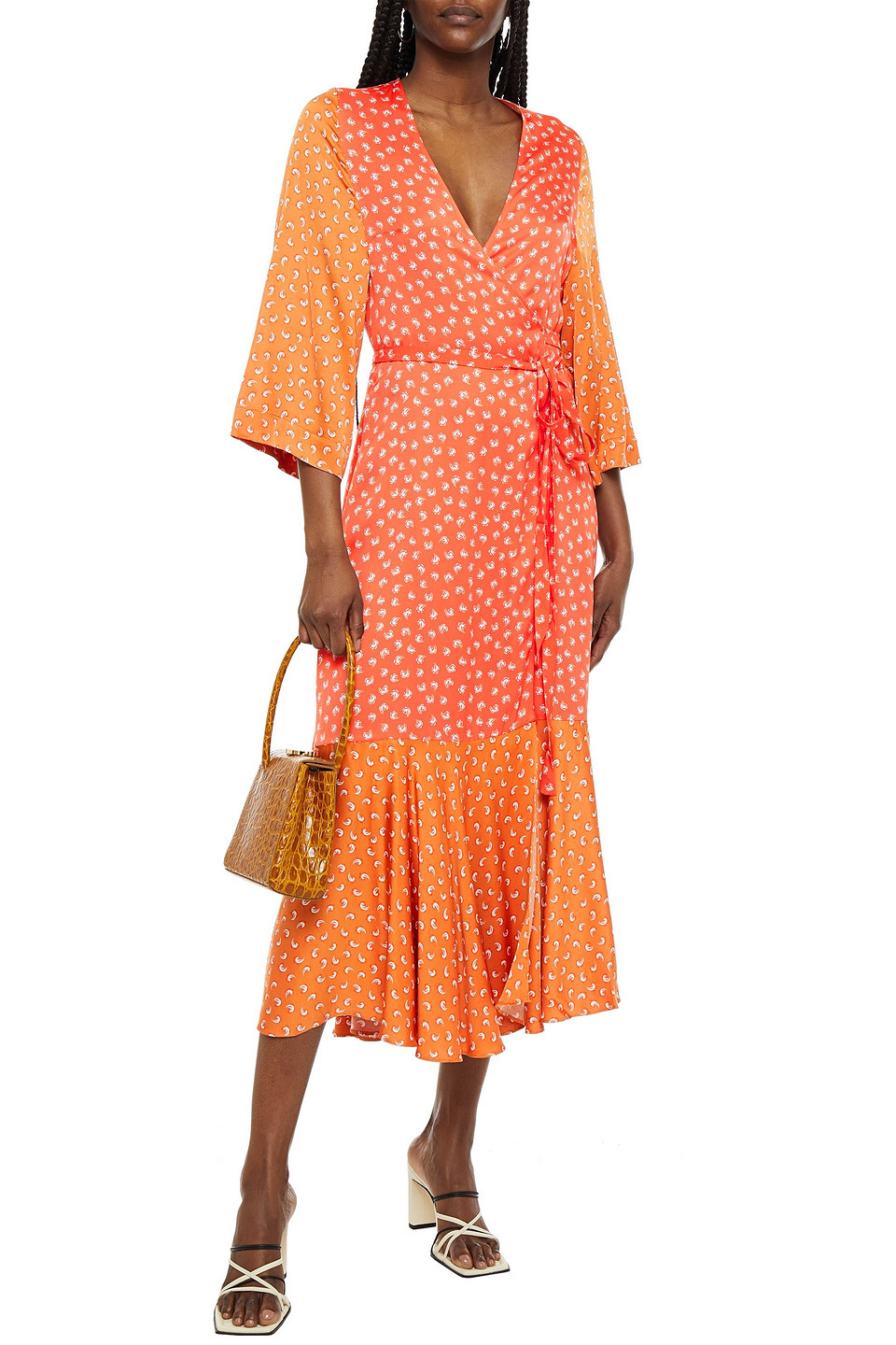 Rodebjer Millie Paneled Printed Satin Midi Wrap Dress In Orange