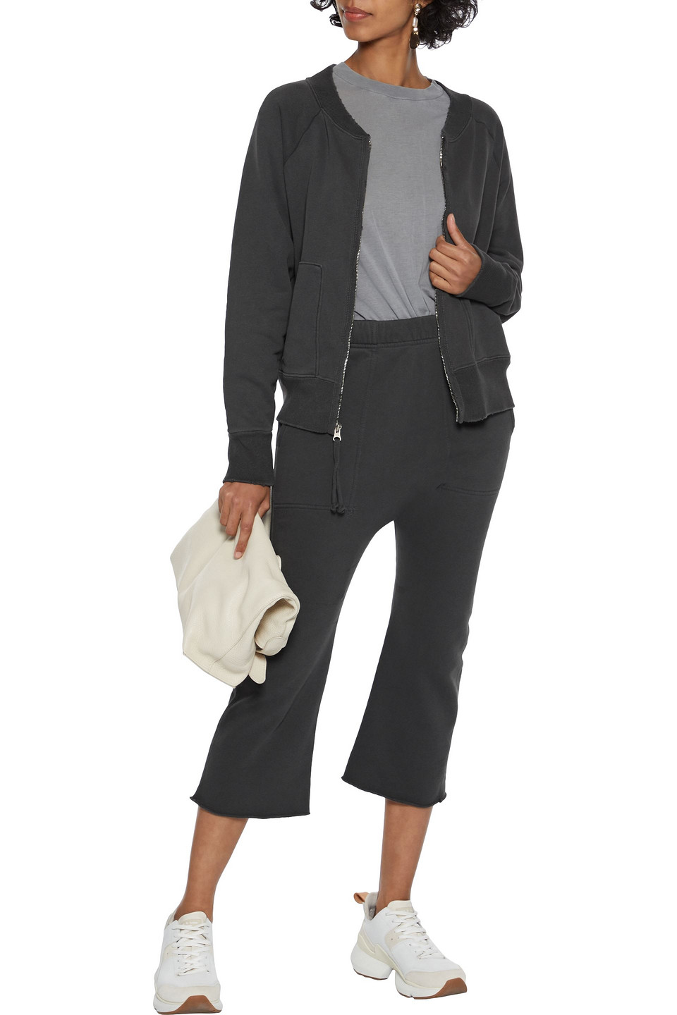 Nili Lotan Cropped French Cotton-terry Track Pants In Dark Gray