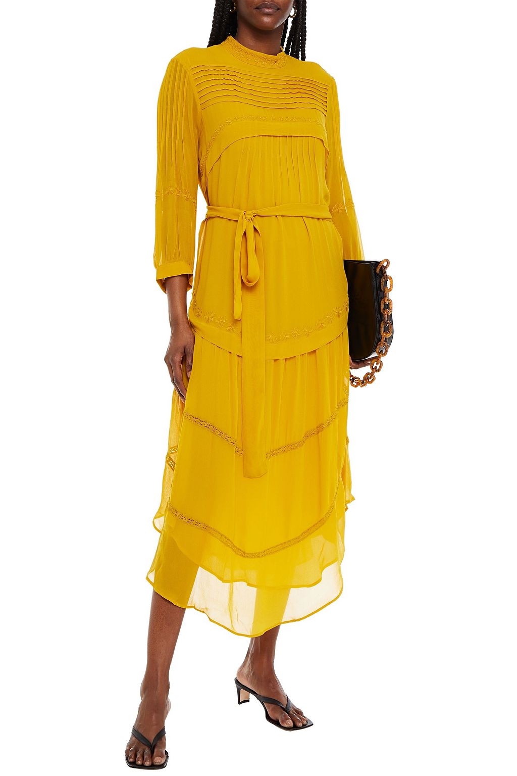 BA&SH Prune embroidered pintucked georgette midi dress