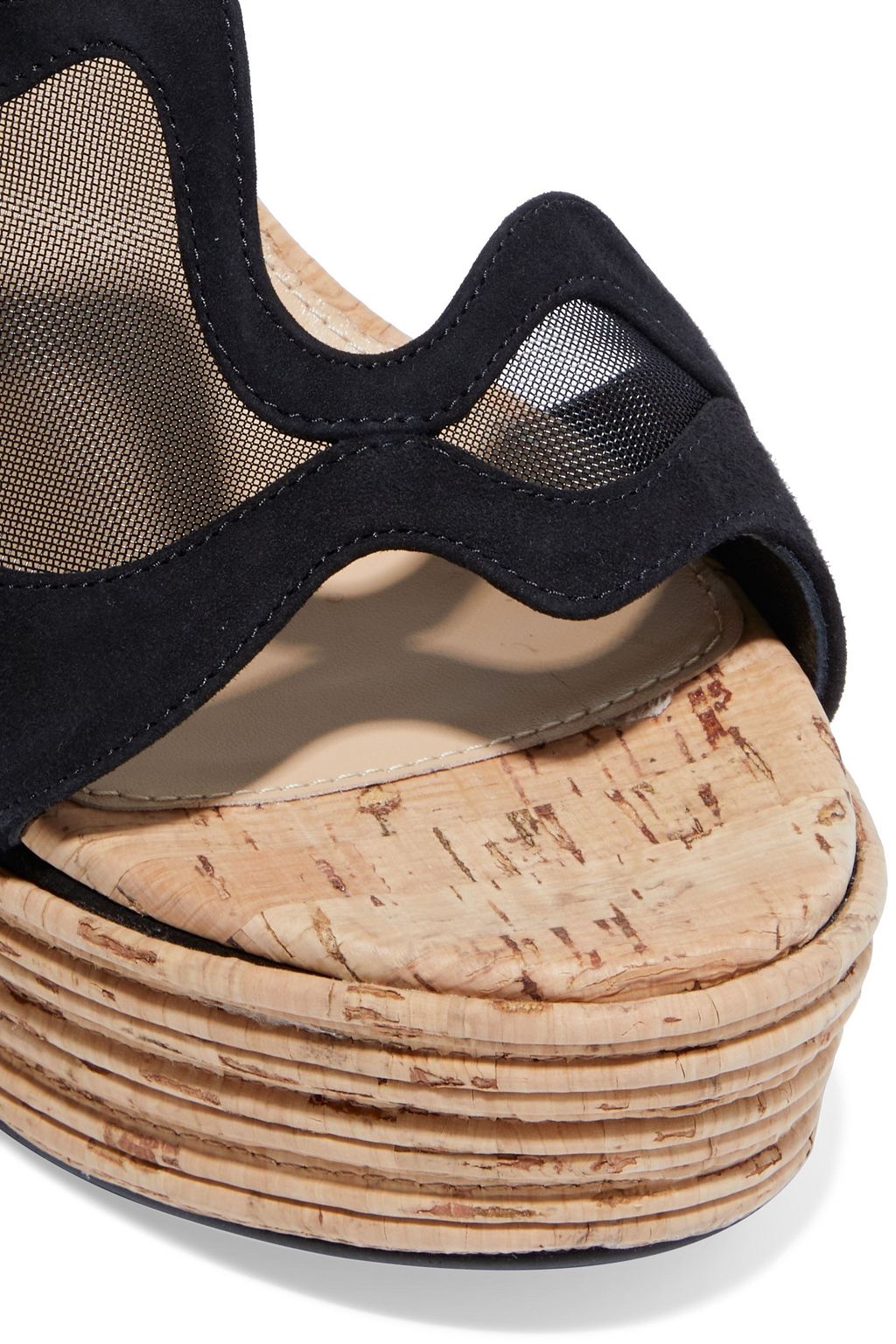 SERGIO ROSSI Mesh-trimmed suede platform wedge sandals