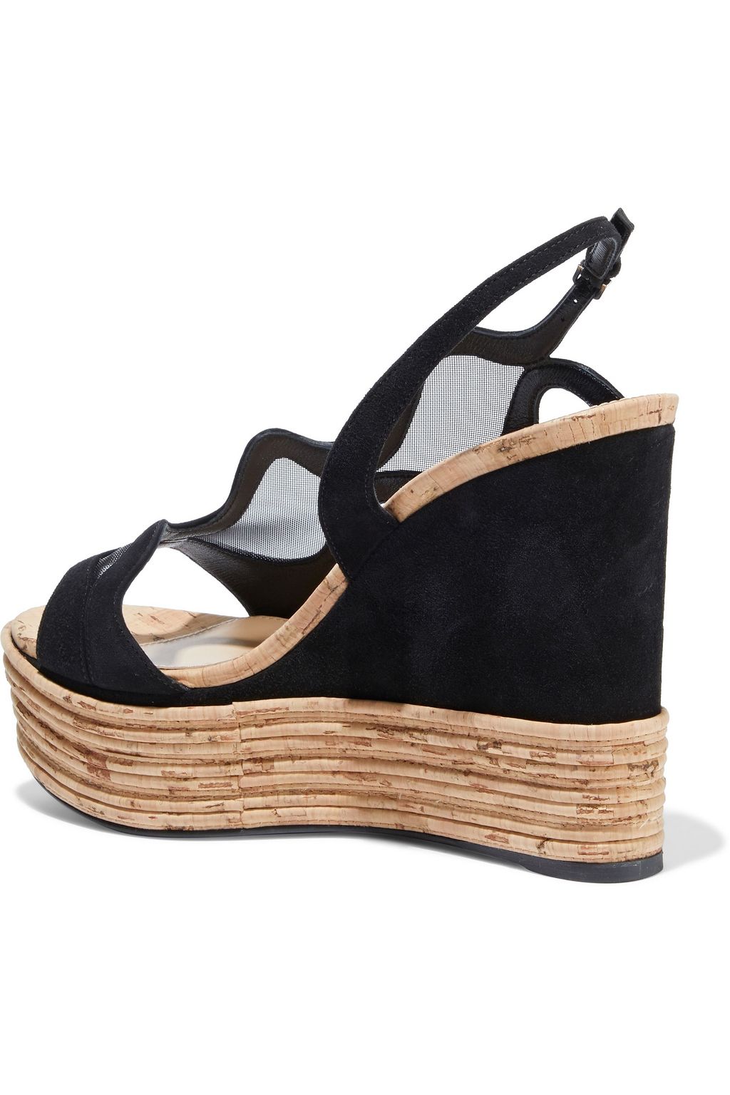 SERGIO ROSSI Mesh-trimmed suede platform wedge sandals