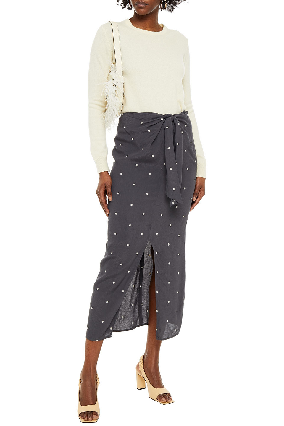 Charli Tie-front Embroidered Satin-crepe Midi Skirt In Dark Grey