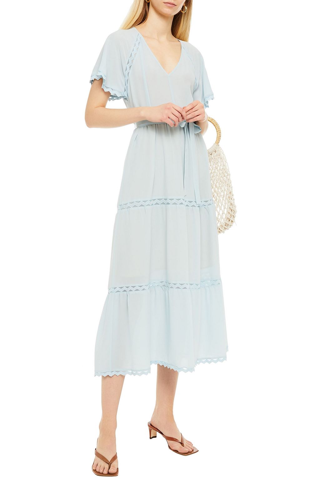 HOFMANN COPENHAGEN Embroidered tulle-trimmed silk crepe de chine midi dress