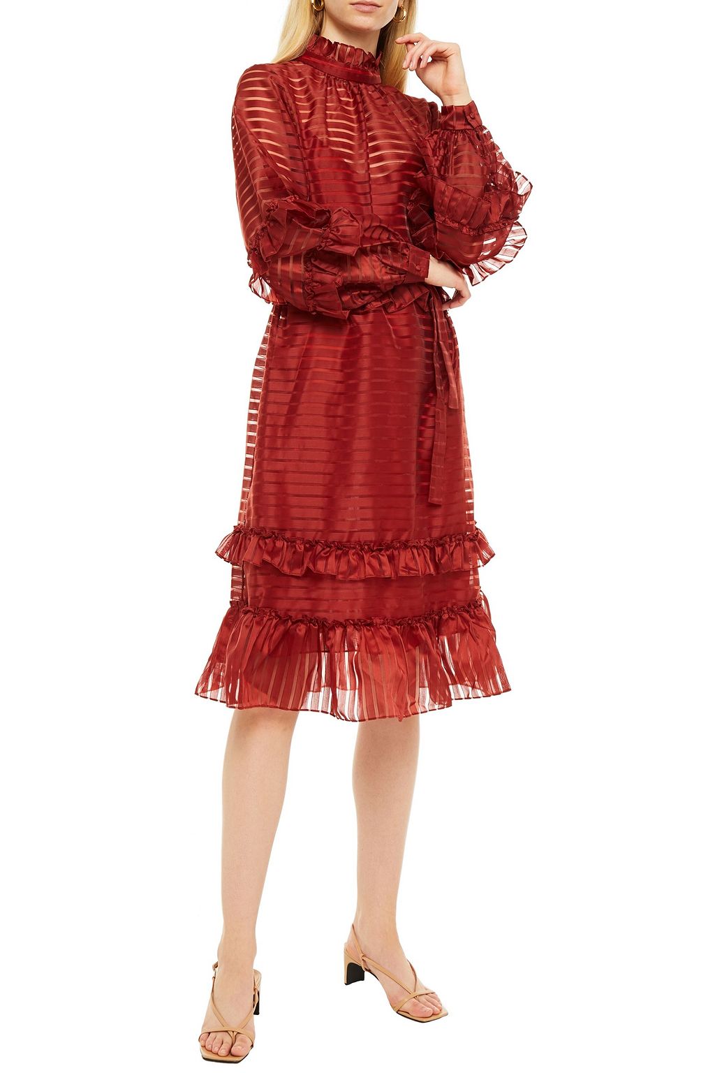 HOFMANN COPENHAGEN Ruffled striped organza-jacquard midi dress