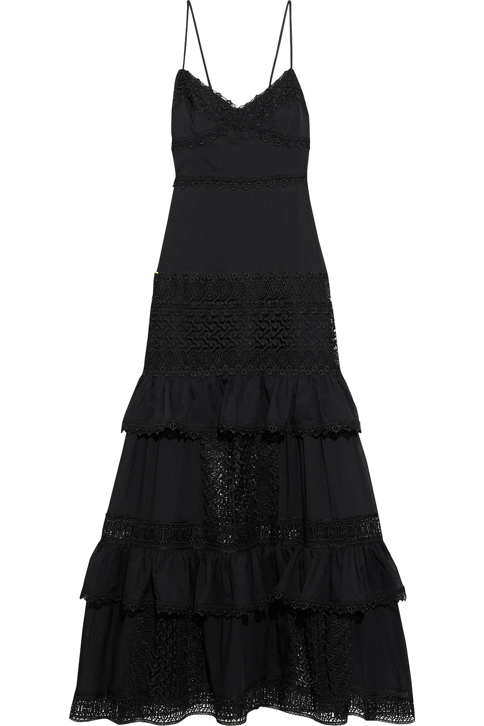 Charo Ruiz Ibiza Woman Amira Tiered Crocheted Lace-paneled Cotton-blend Voile Maxi Dress Black Size M