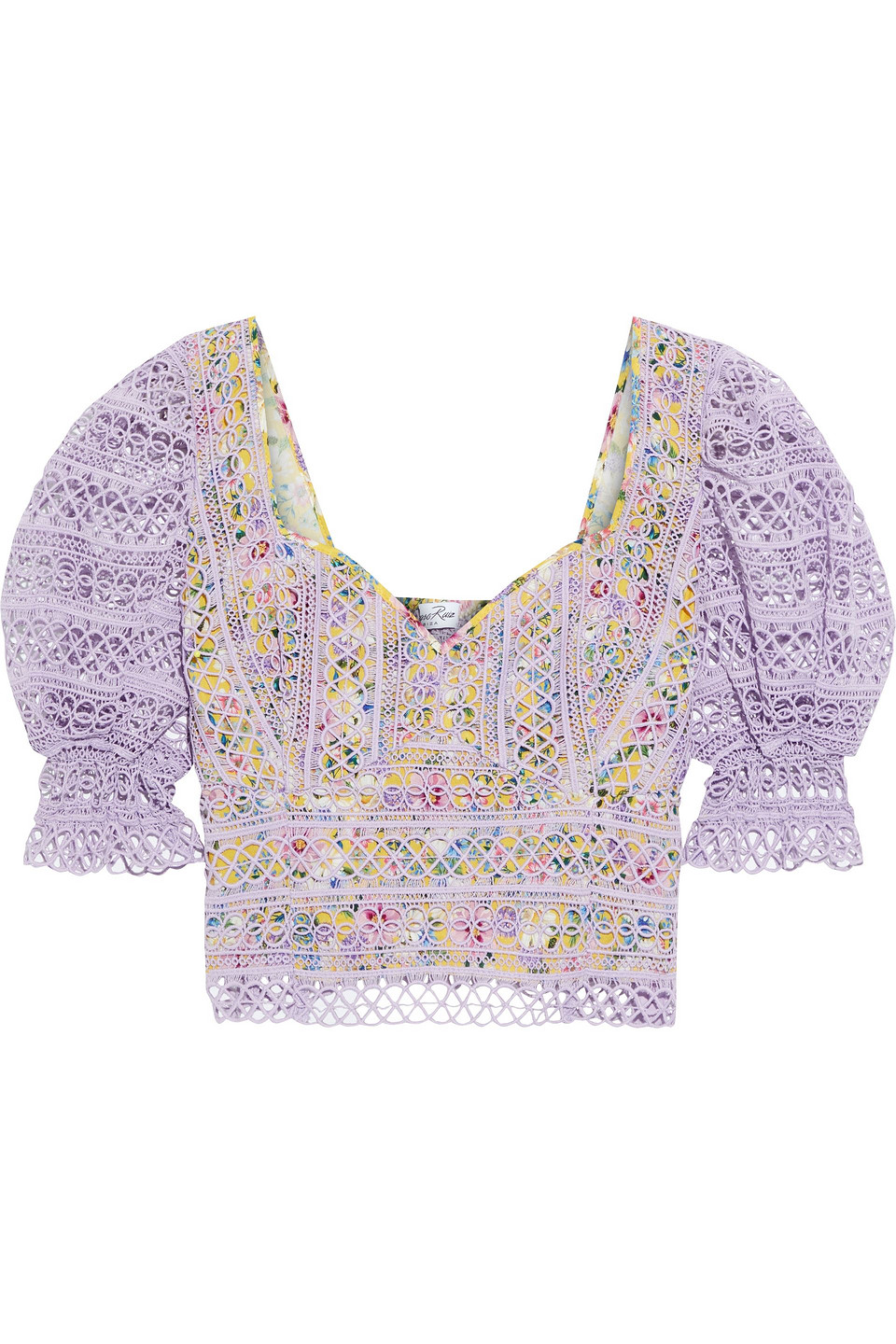 Charo Ruiz Ibiza Woman Lupe Cropped Crocheted Lace And Floral-print Voile Top Lavender Size XS
