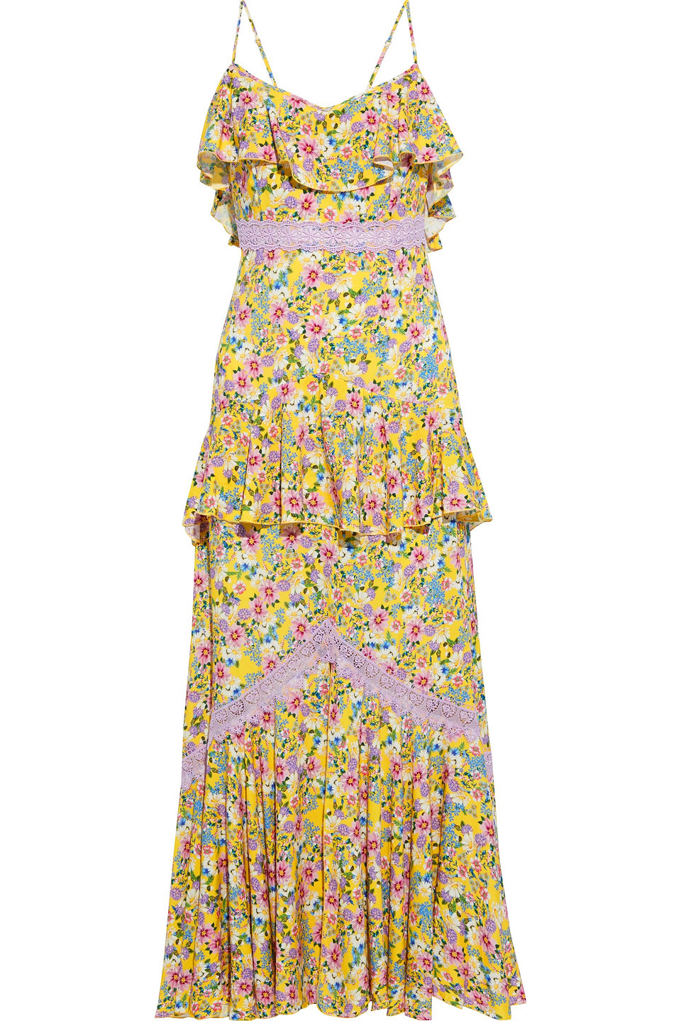 Charo Ruiz Ibiza Woman Amelia Ruffled Crocheted Lace-trimmed Floral-print Voile Maxi Dress Yellow Size L