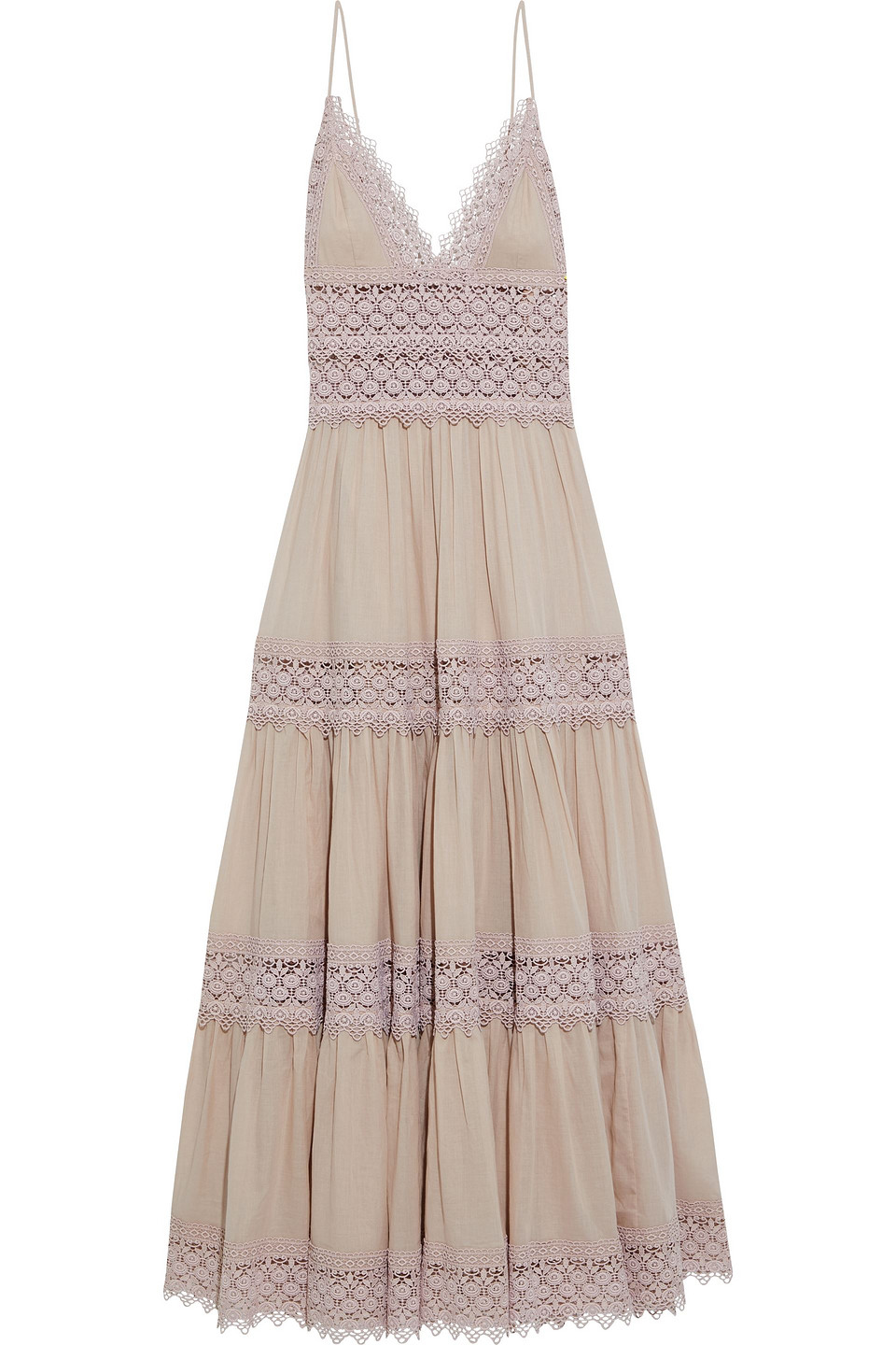 Charo Ruiz Ibiza Woman Cindy Tiered Crocheted Lace-paneled Cotton-blend Voile Maxi Dress Neutral Size M