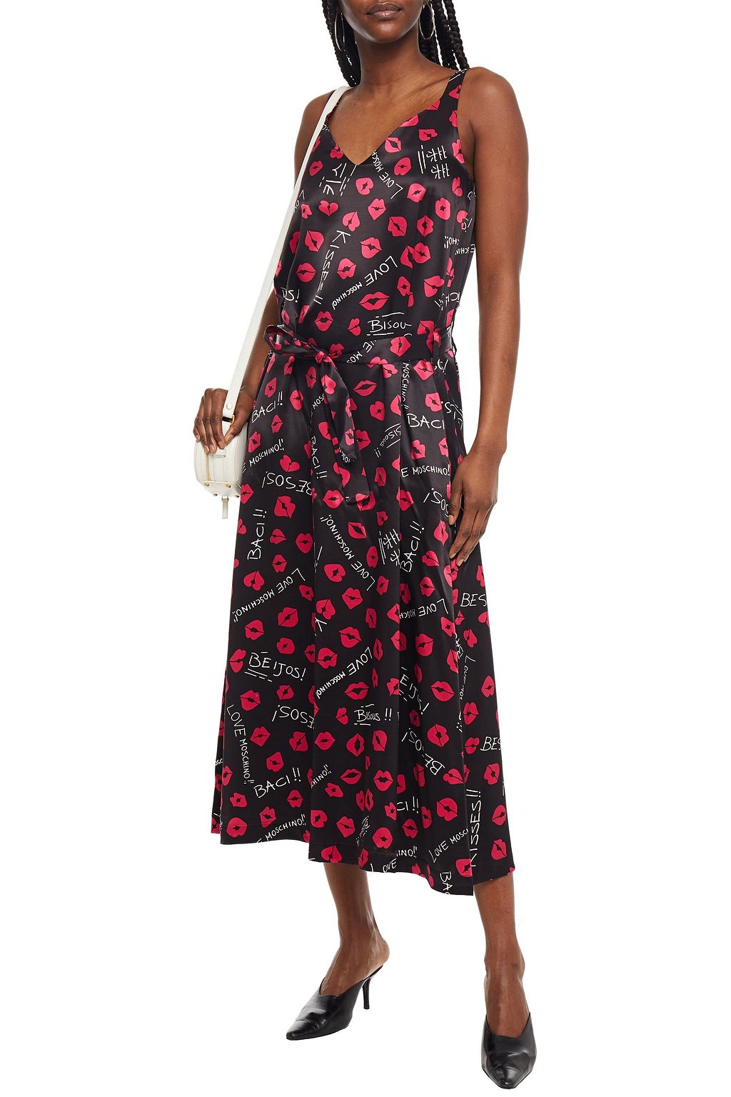 LOVE MOSCHINO Belted printed satin midi dress