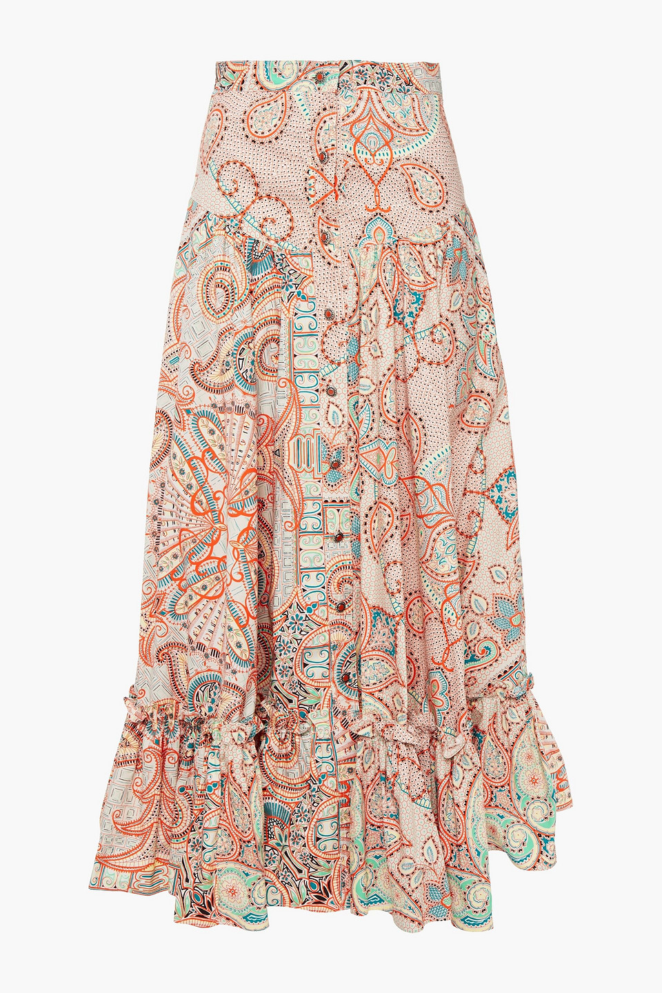 Gathered printed cotton-poplin midi skirt
