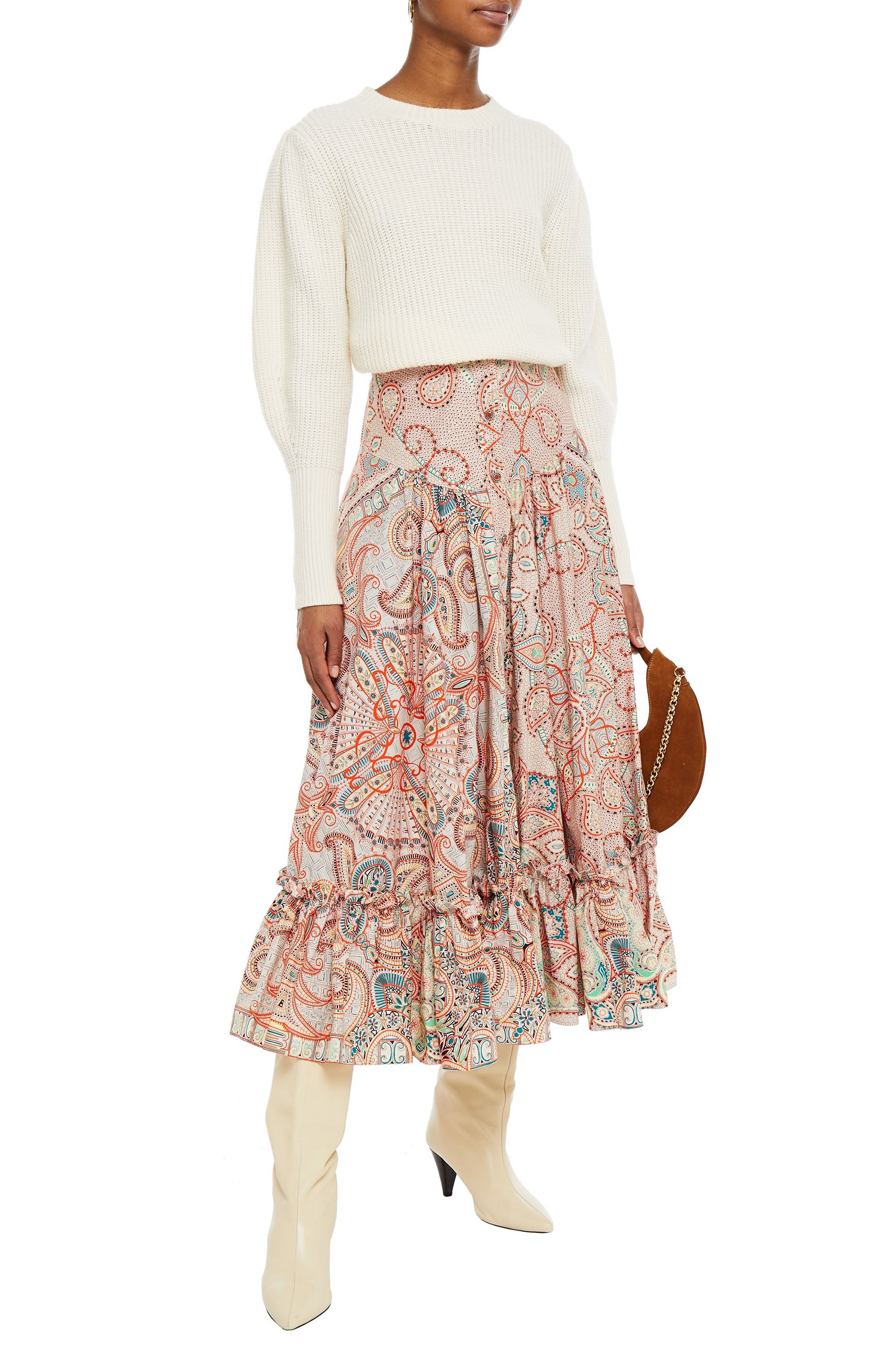 Etro Gathered printed cotton-poplin midi skirt