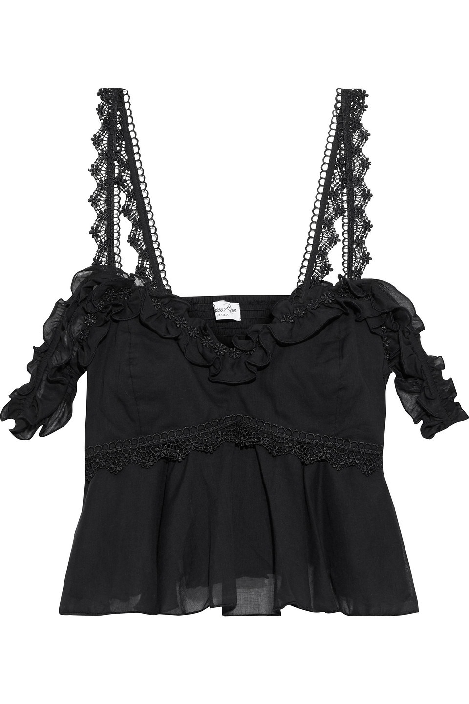 Charo Ruiz Ibiza Woman Sandra Cropped Cold-shoulder Cotton-blend Voile Peplum Top Black Size XS