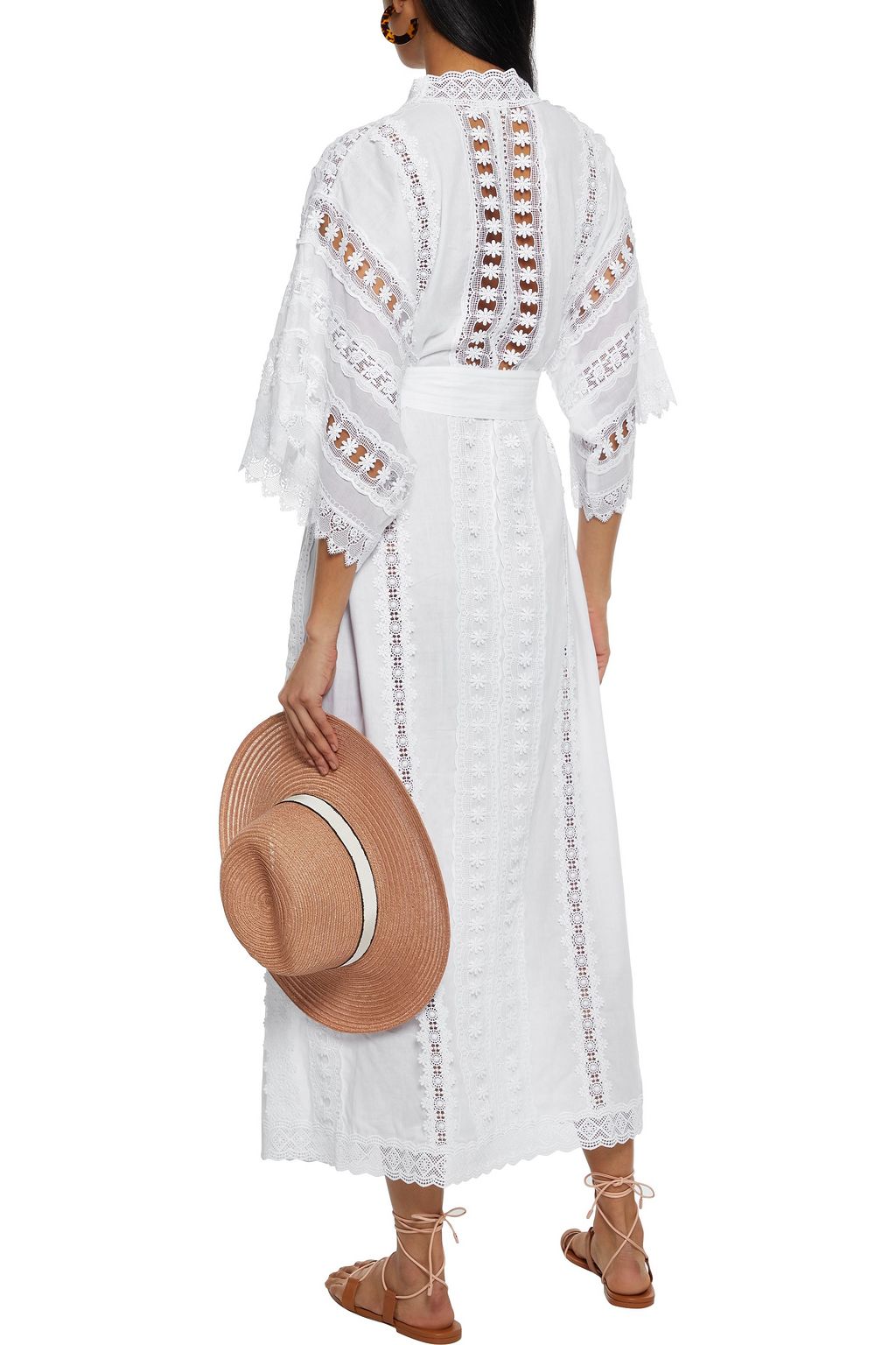 CHARO RUIZ IBIZA Aquila belted crocheted lace-trimmed cotton-blend voile kimono