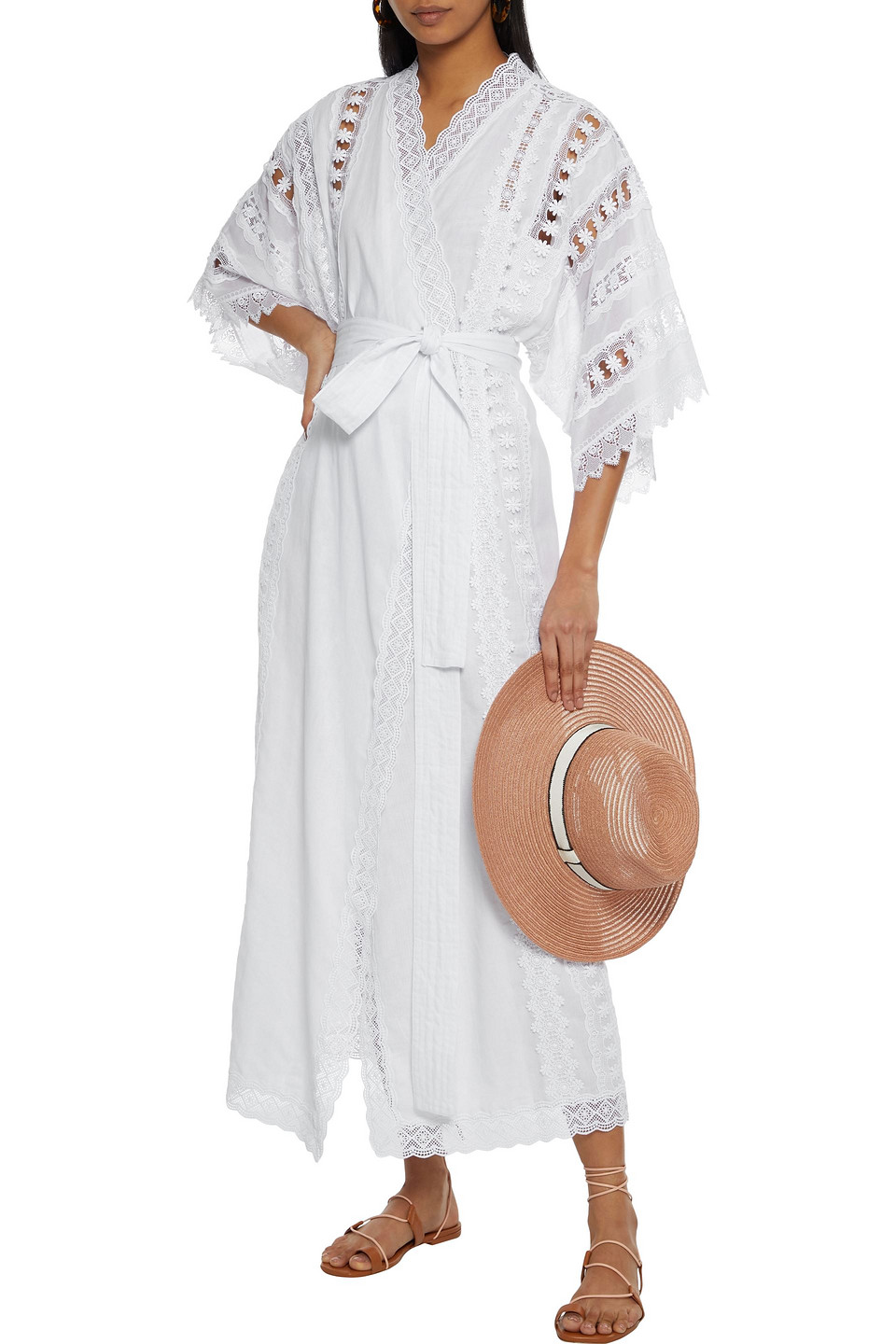 Charo Ruiz Aquila Belted Crocheted Lace-trimmed Cotton-blend Voile Kimono In White