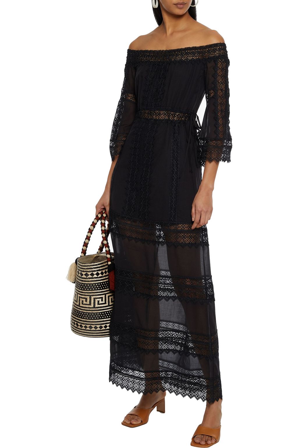 CHARO RUIZ IBIZA Gamma off-the-shoulder crocheted lace-paneled cotton-blend voile maxi dress