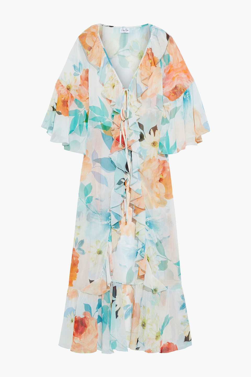 Charo Ruiz Ibiza Woman Jessi Tie-front Ruffled Floral-print Georgette Kimono Sky Blue Size XS