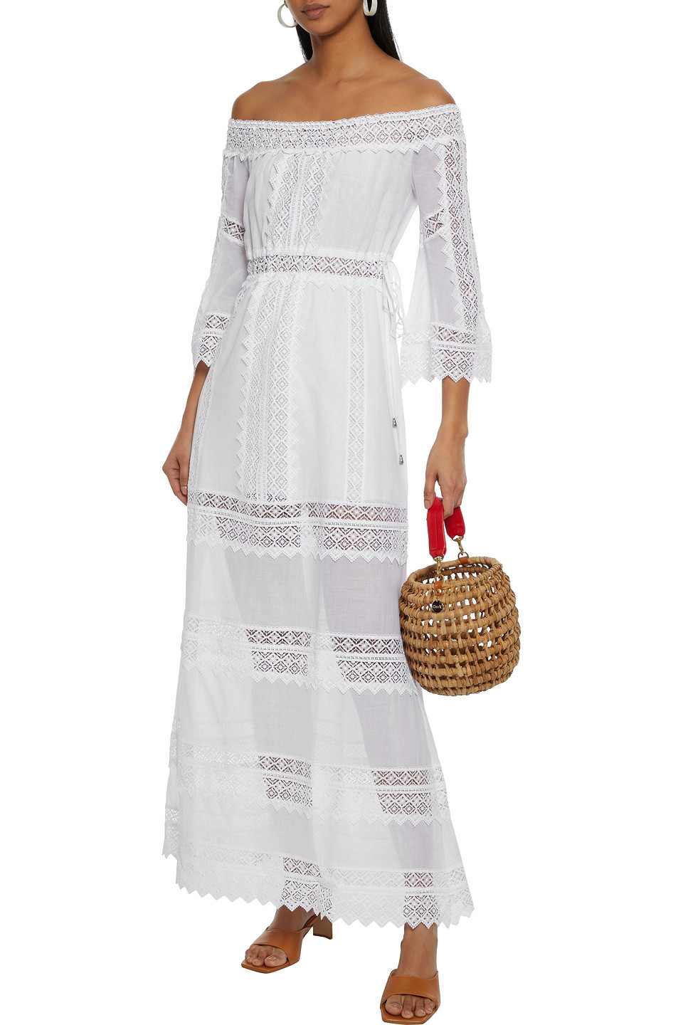 Charo Ruiz Gamma Off-the-shoulder Crocheted Lace-paneled Cotton-blend Voile Maxi Dress In White