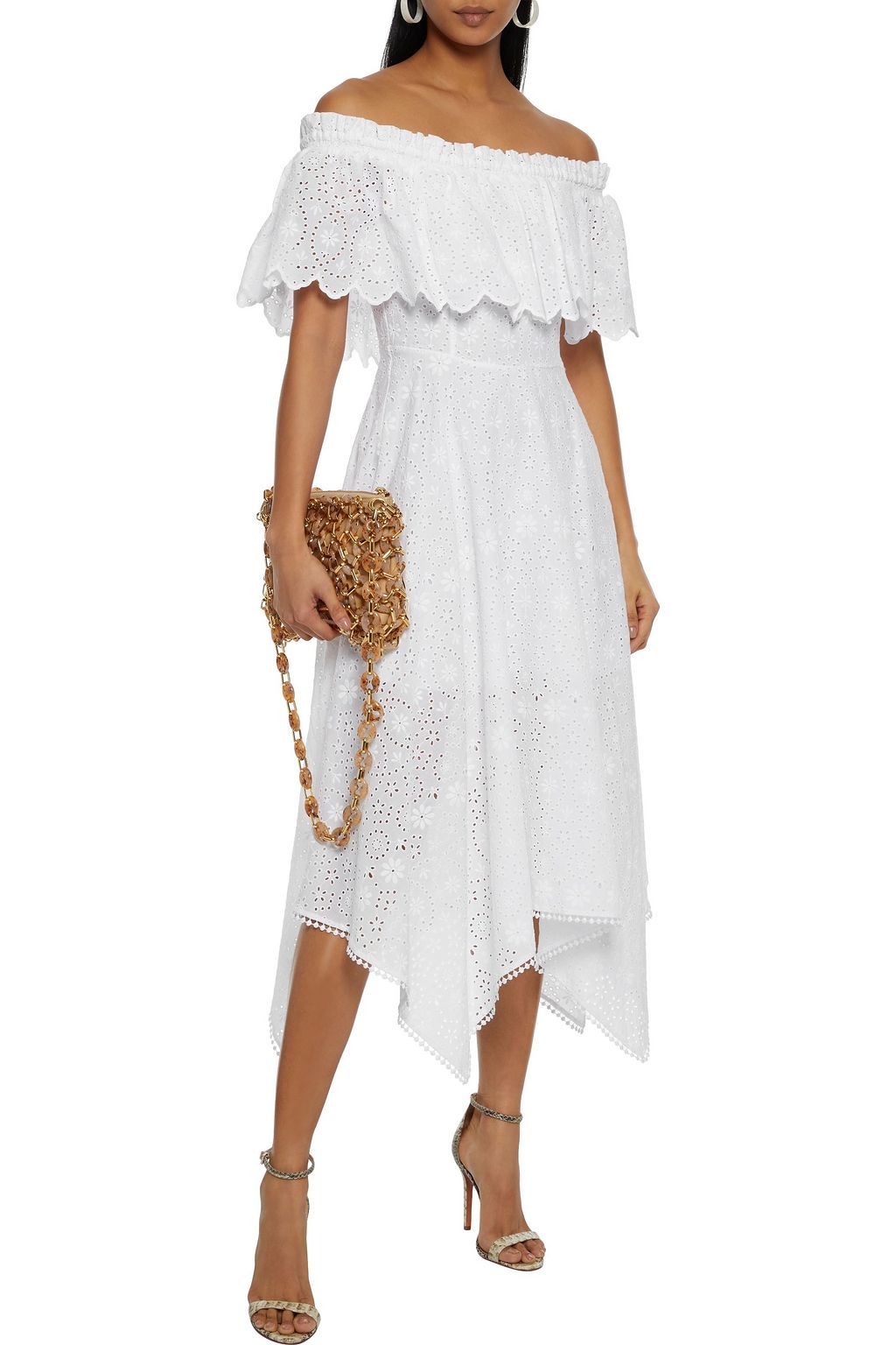 CHARO RUIZ IBIZA Khadi off-the-shoulder ruffled broderie anglaise cotton-blend midi dress