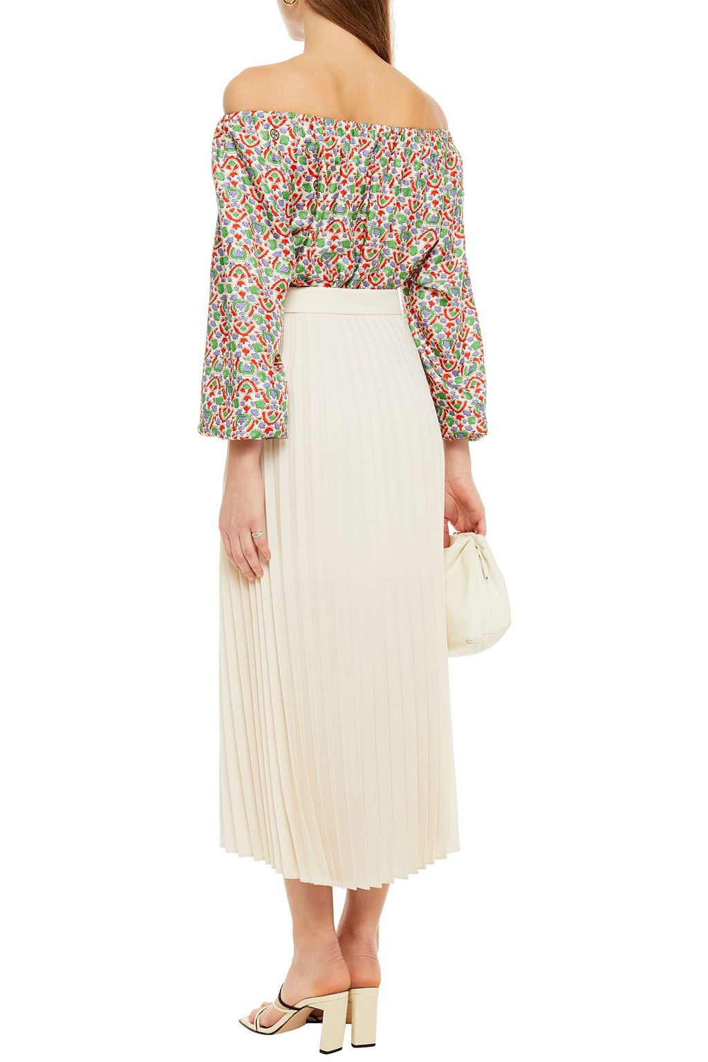 TORY BURCH Off-the-shoulder gathered printed silk-twill top