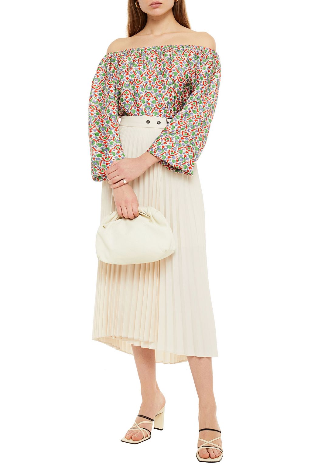 TORY BURCH Off-the-shoulder gathered printed silk-twill top