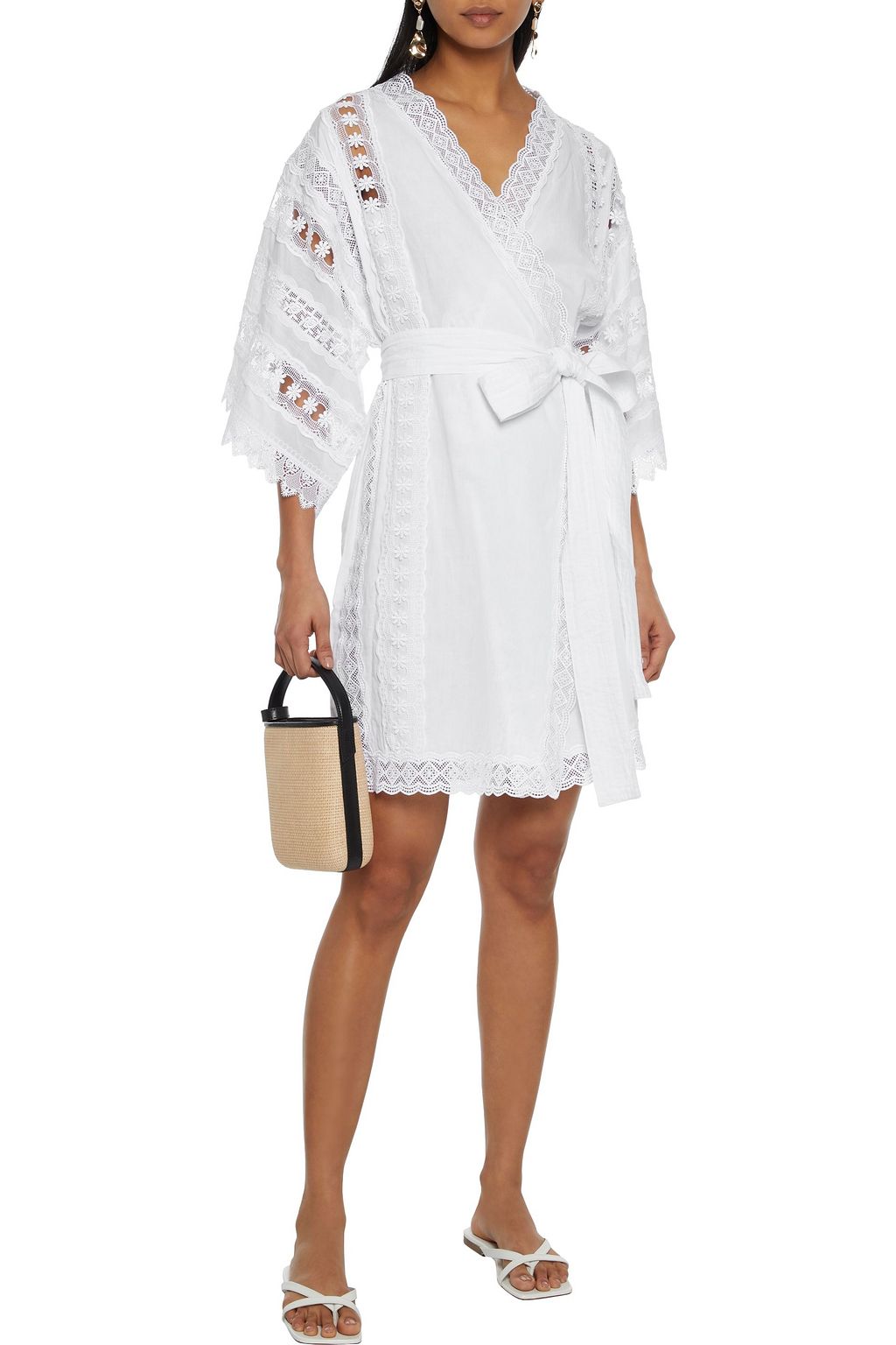 CHARO RUIZ IBIZA Fusa belted crocheted lace-trimmed cotton-blend voile kimono