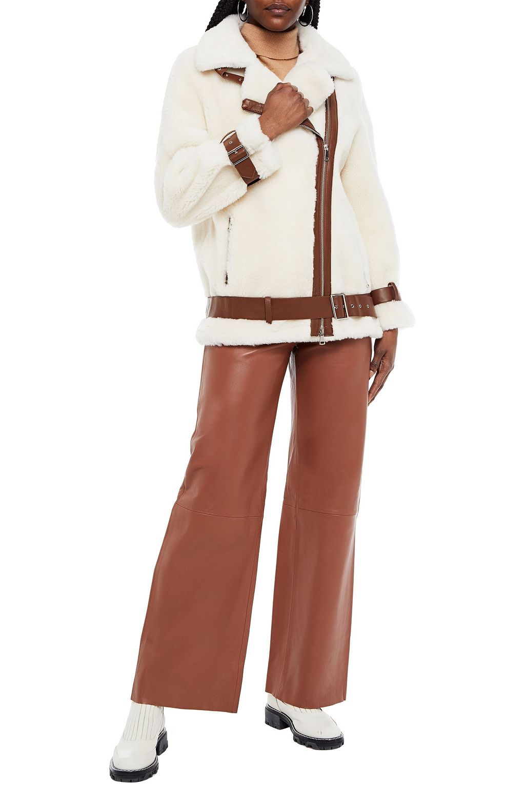 STAND STUDIO Colleen faux leather-trimmed brushed-wool biker jacket