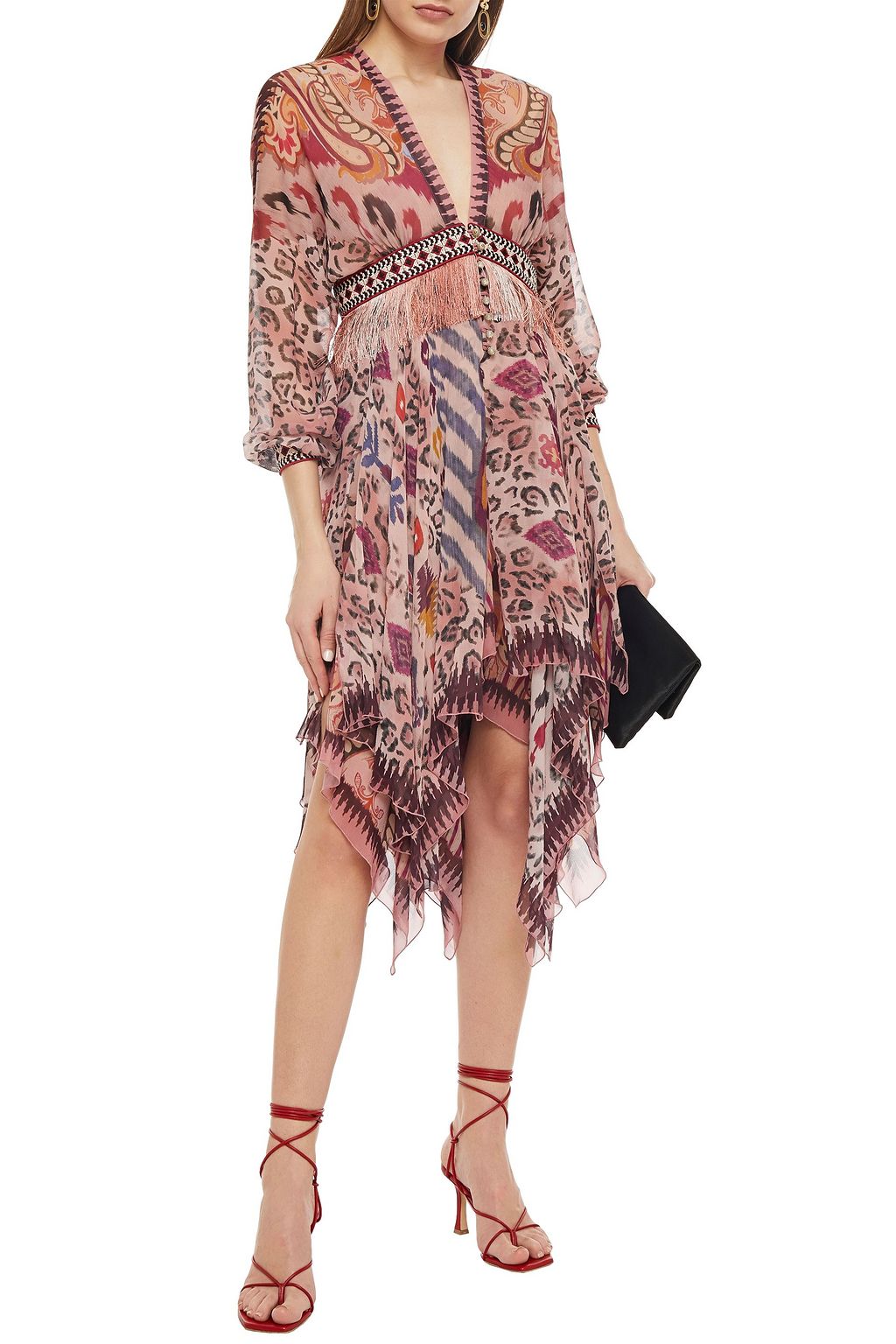 ETRO Asymmetric fringe-trimmed printed silk-georgette mini dress