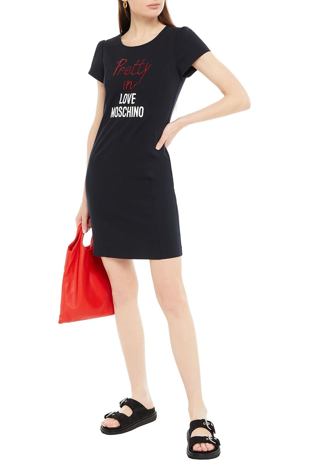 LOVE MOSCHINO Crystal-embellished printed cotton-blend jersey mini dress