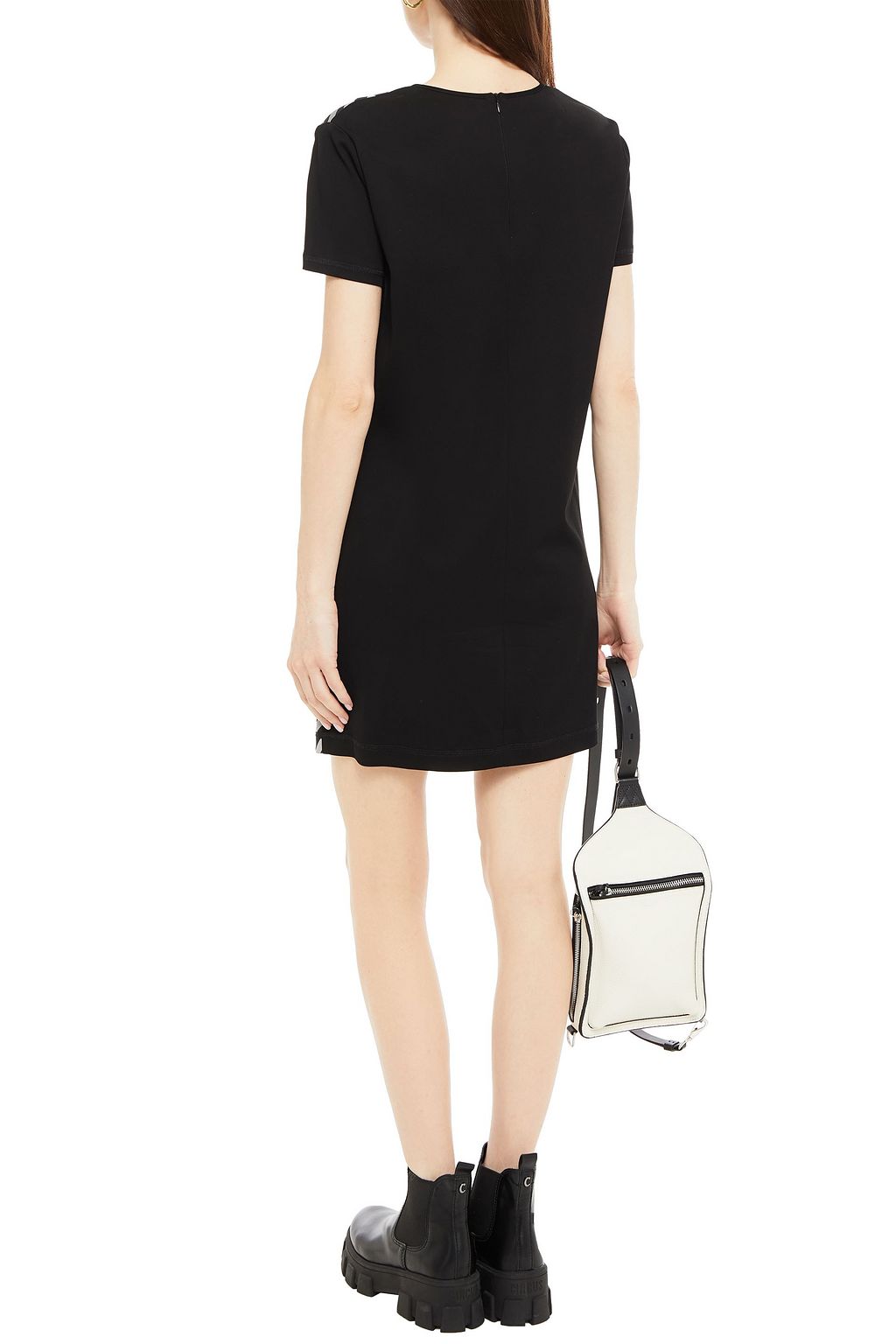 LOVE MOSCHINO Paneled coated printed stretch-twill and jersey mini dress