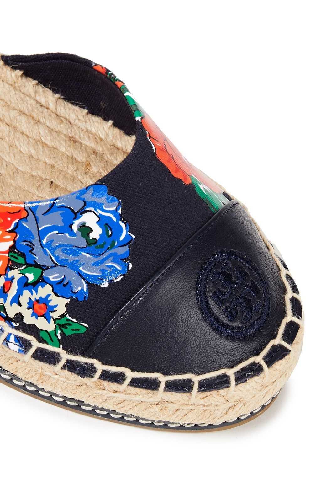 TORY BURCH Floral-print canvas and leather wedge espadrilles