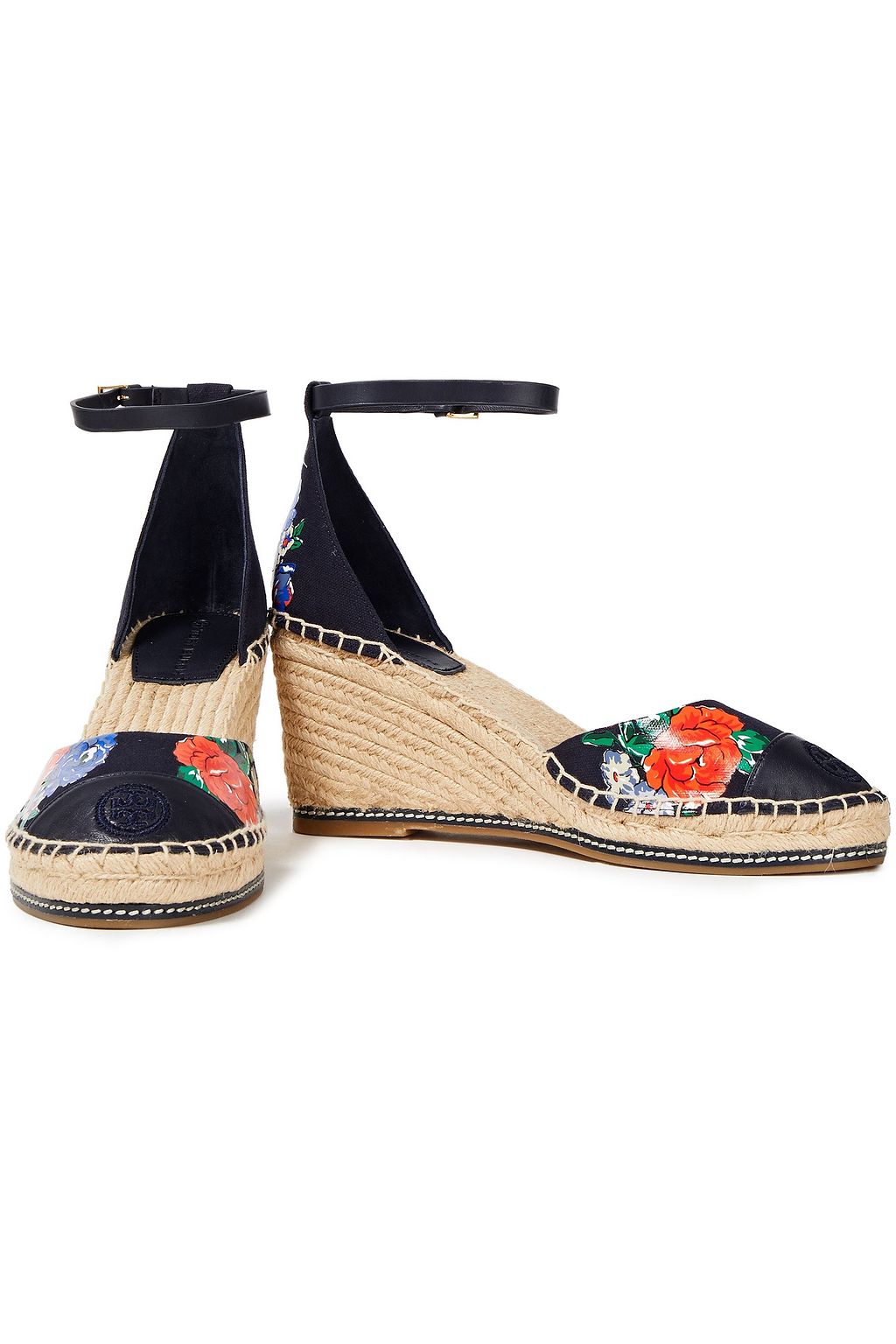TORY BURCH Floral-print canvas and leather wedge espadrilles