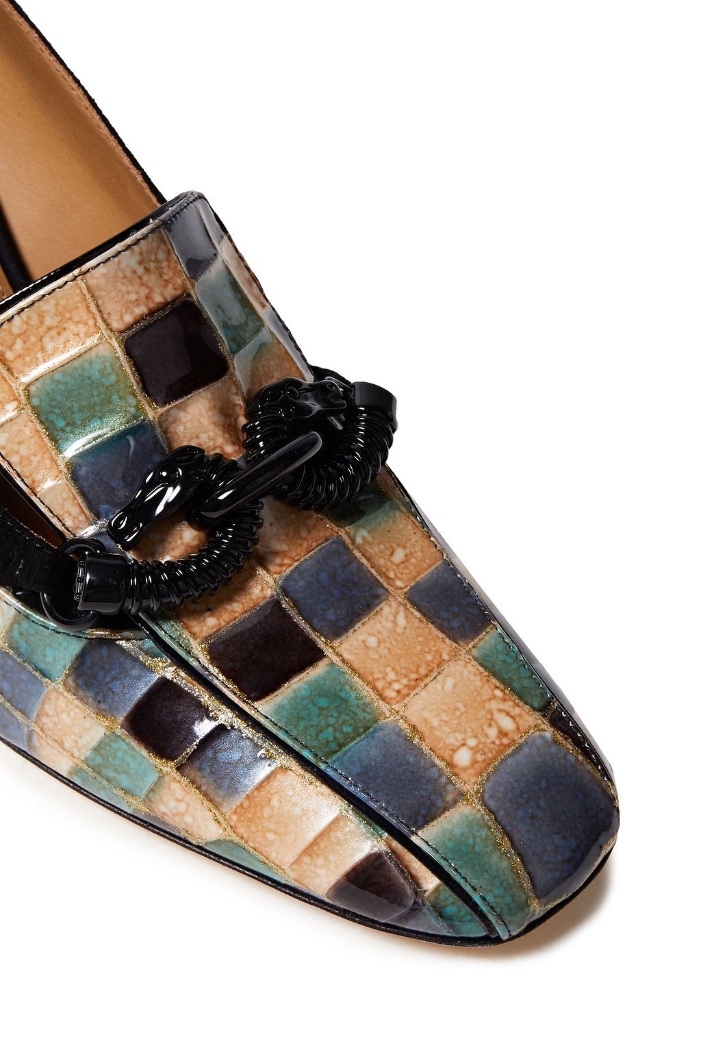 TORY BURCH Suede-trimmed printed patent-leather pumps