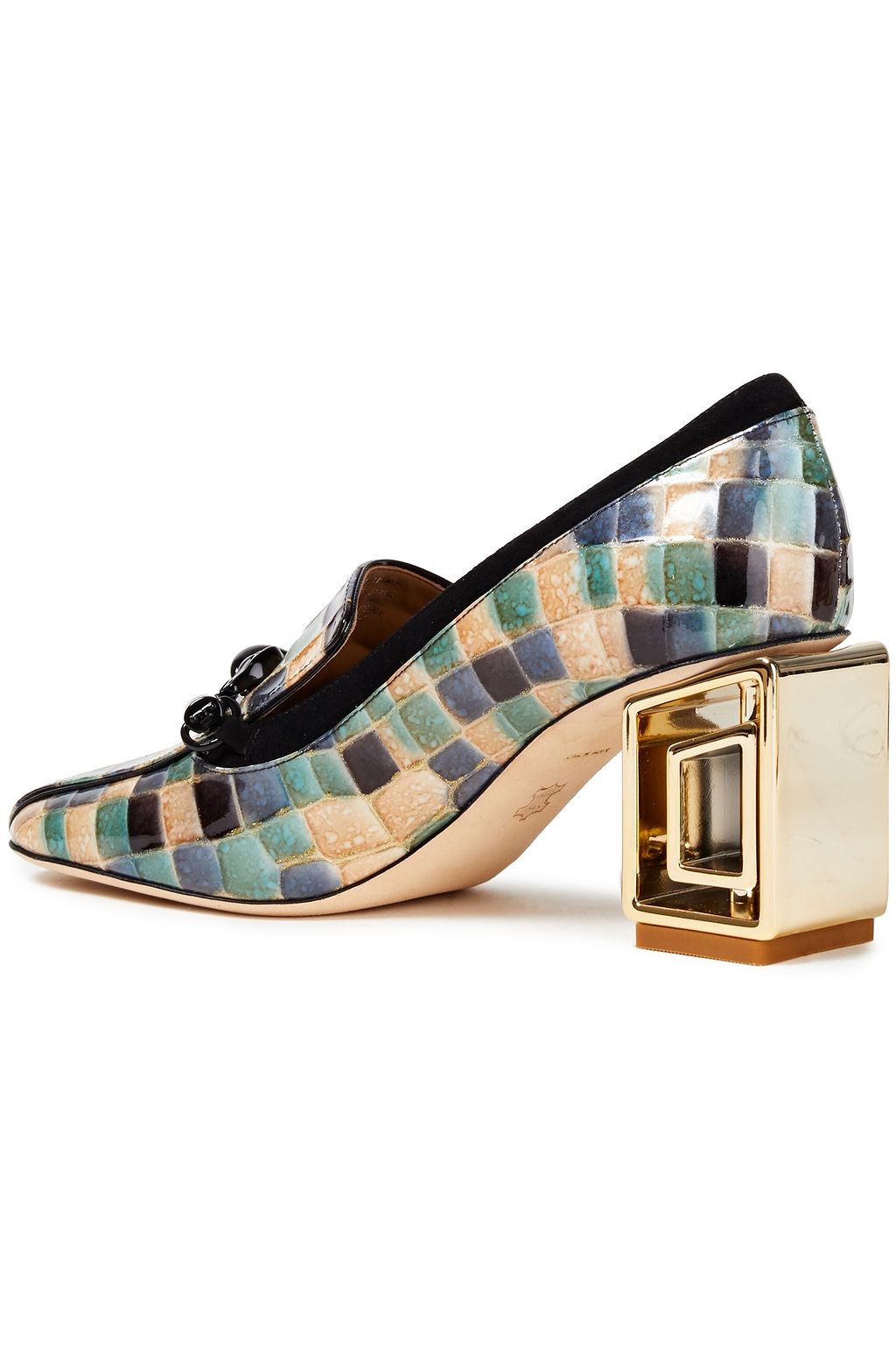 TORY BURCH Suede-trimmed printed patent-leather pumps