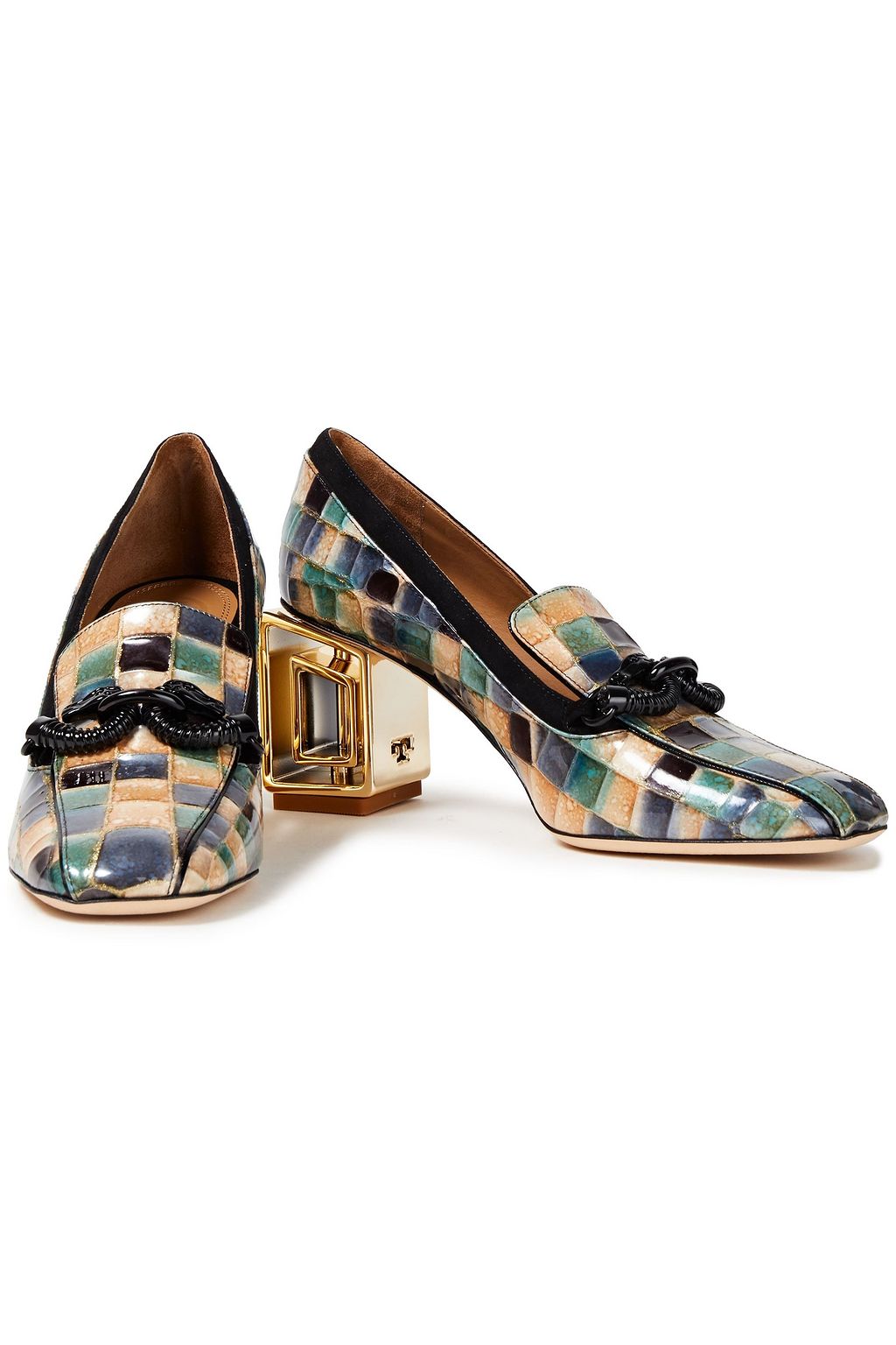 TORY BURCH Suede-trimmed printed patent-leather pumps