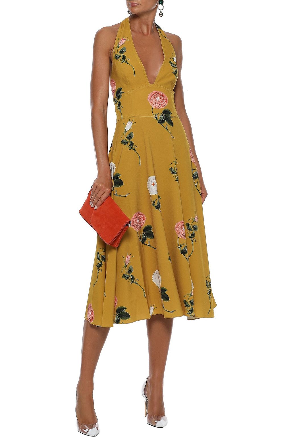 OSCAR DE LA RENTA Floral-print washed-crepe halterneck midi dress