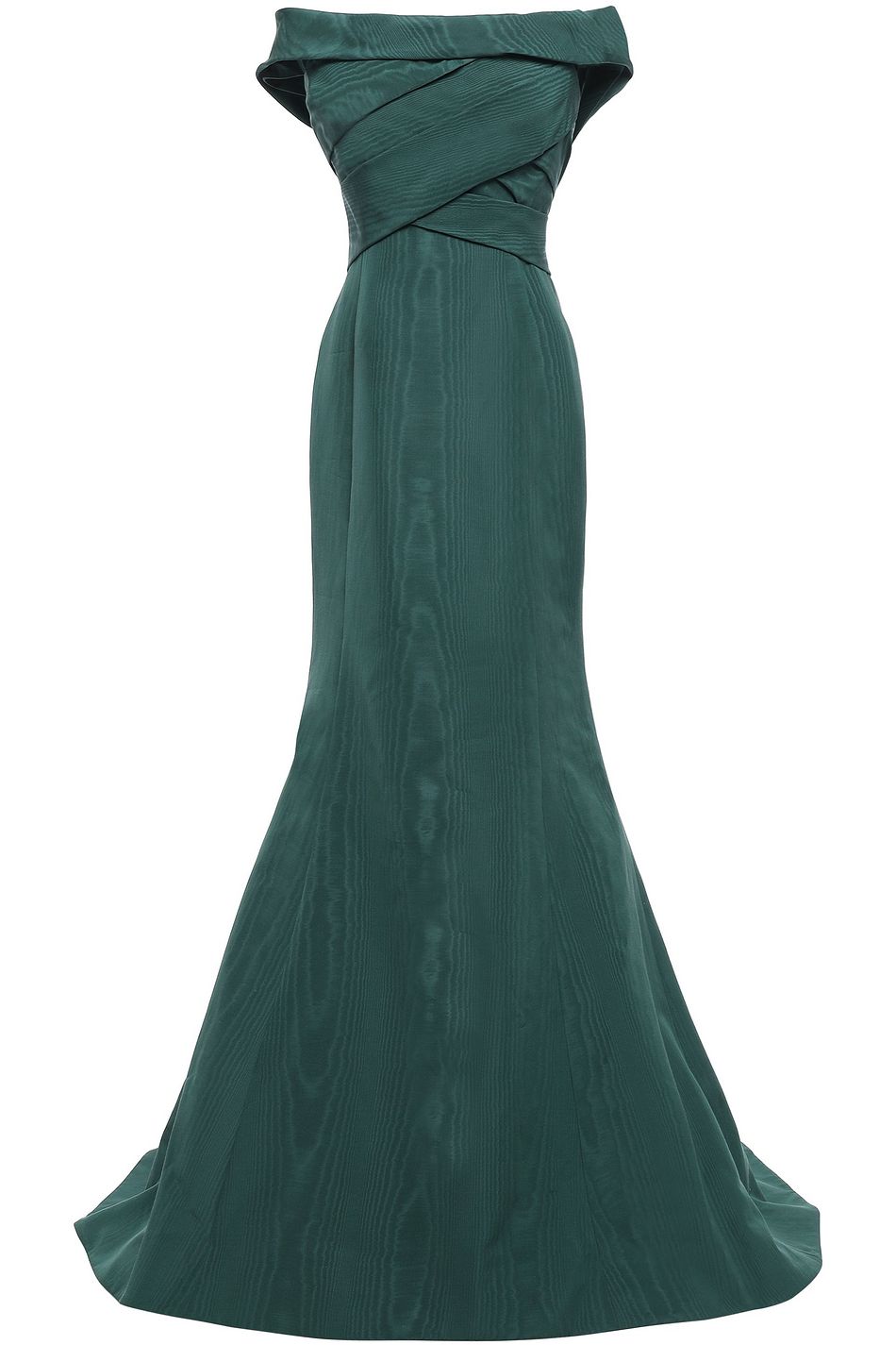 Dark Green Off The Shoulder Pleated Cotton Blend Moire Gown Shoulder Pleated Cotton Blend Moire