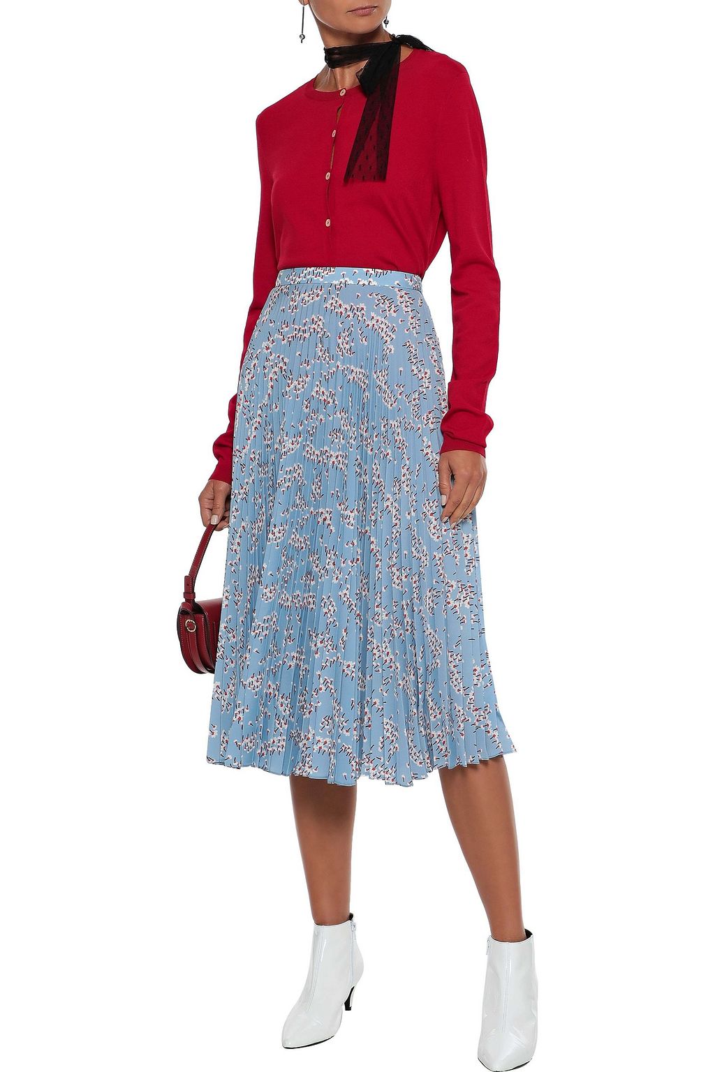 REDVALENTINO Tie-neck point d'esprit-trimmed stretch-knit cardigan