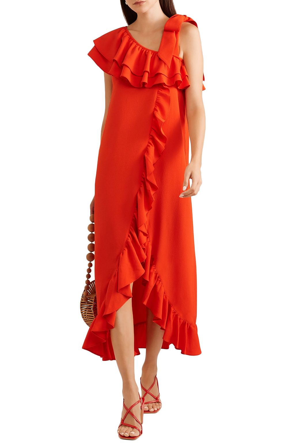 GANNI Clark bow-detailed ruffled crepe maxi dress