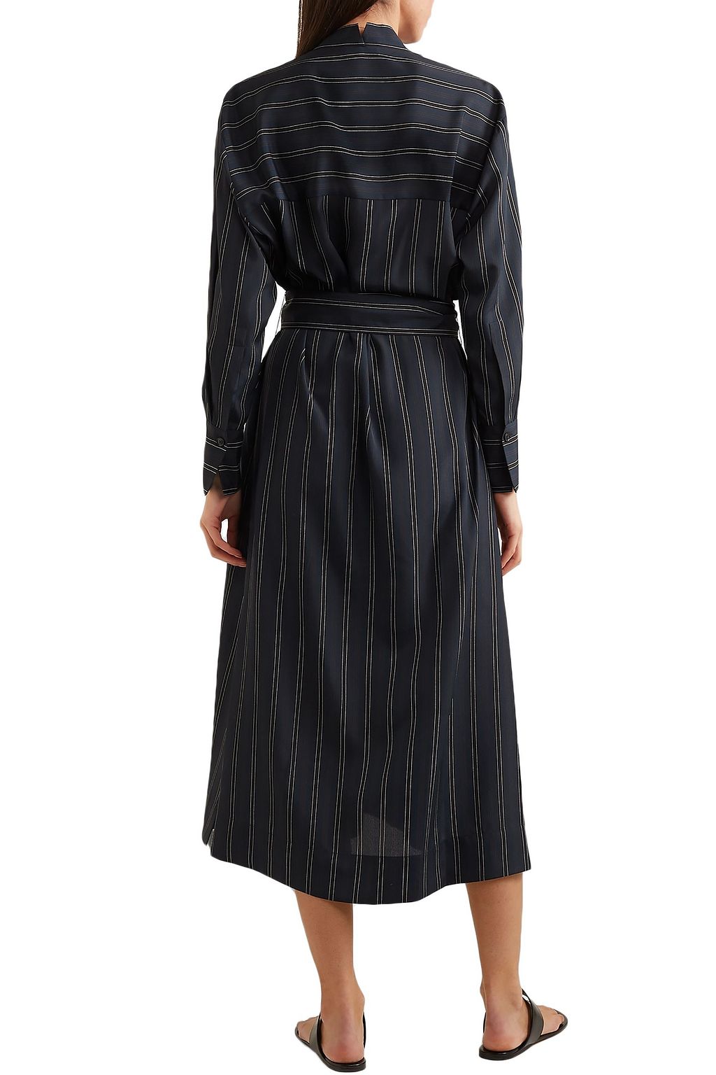 VINCE. Belted striped crepe de chine midi dress