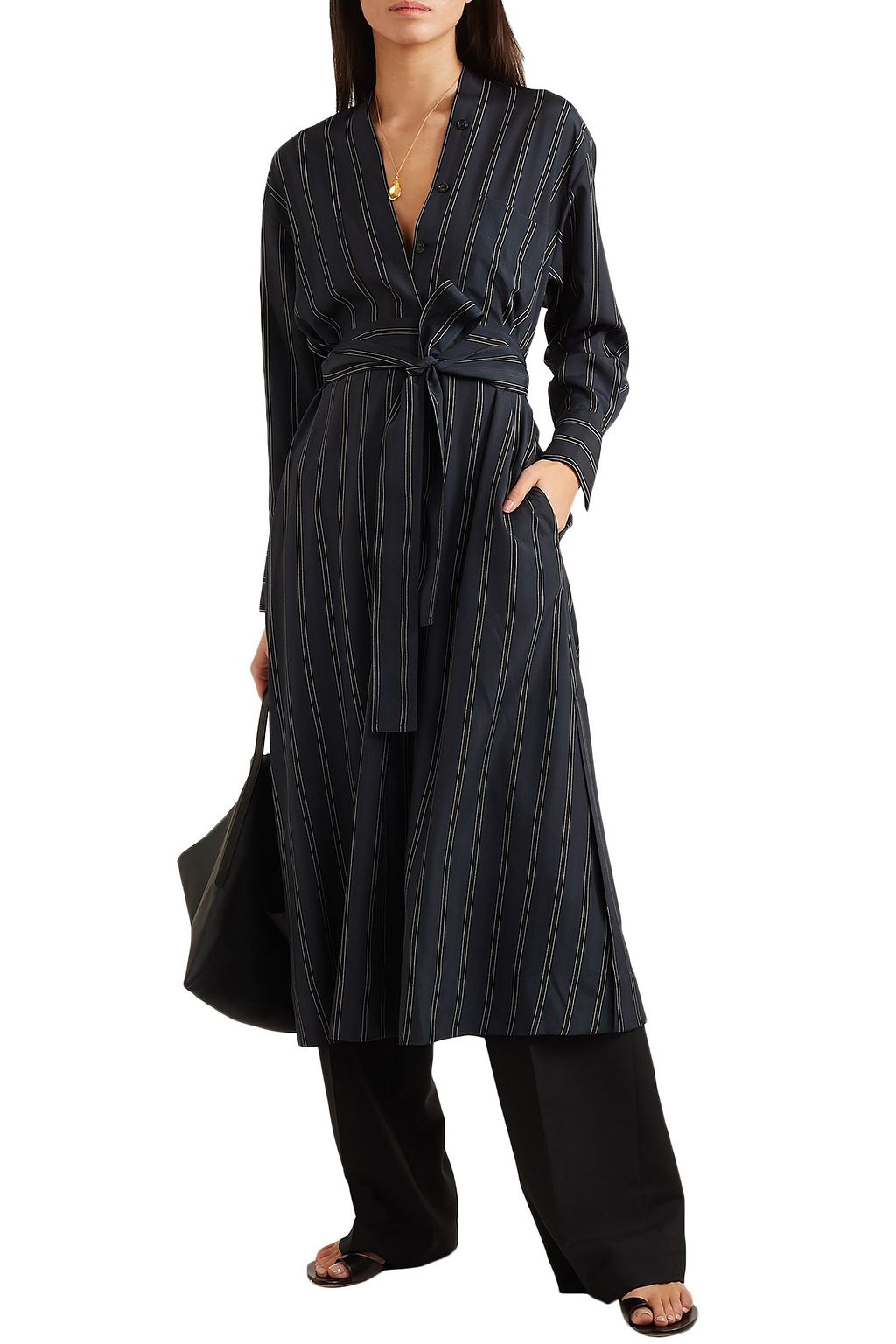 VINCE. Belted striped crepe de chine midi dress