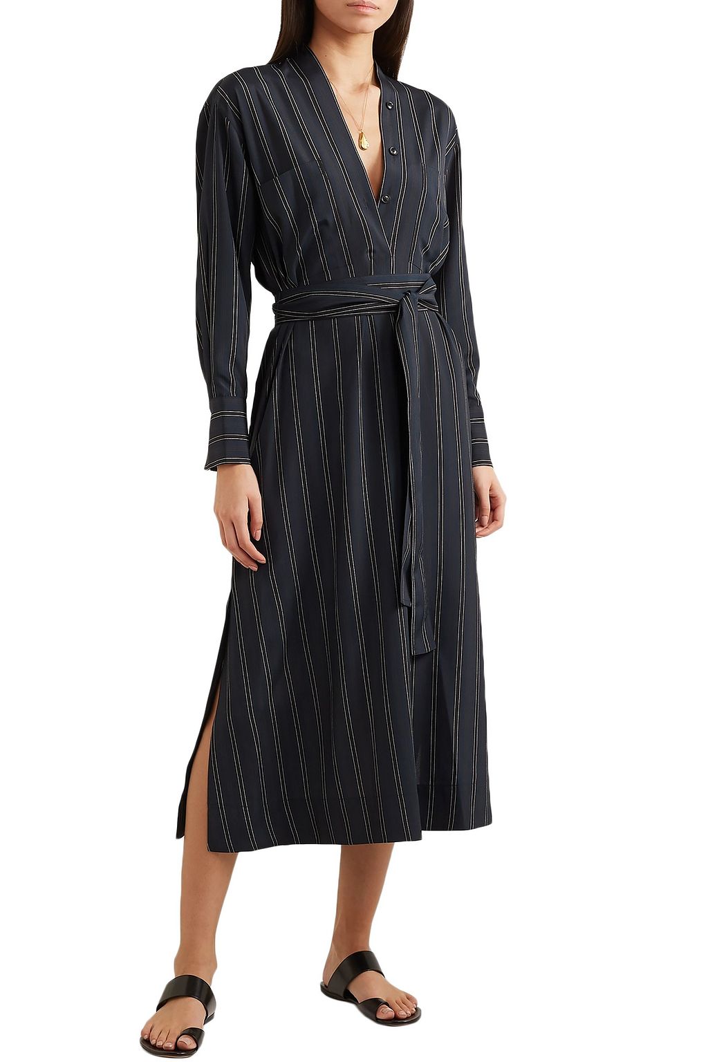 VINCE. Belted striped crepe de chine midi dress