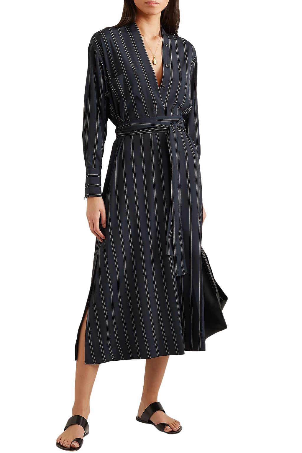 VINCE. Belted striped crepe de chine midi dress