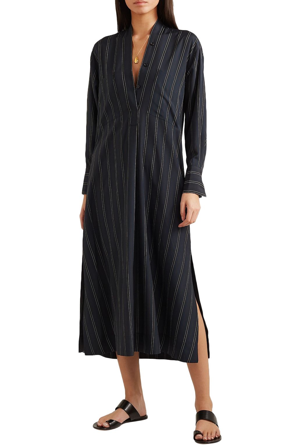 VINCE. Belted striped crepe de chine midi dress