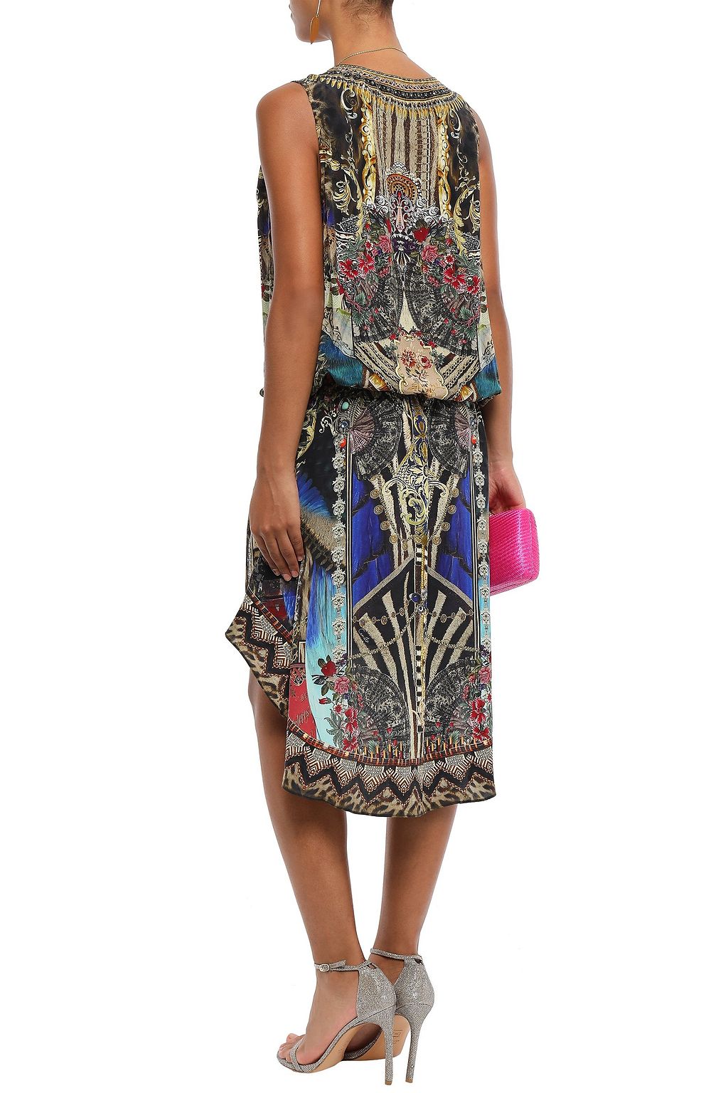 CAMILLA Asymmetric wrap-effect crystal-embellished printed silk crepe de chine dress