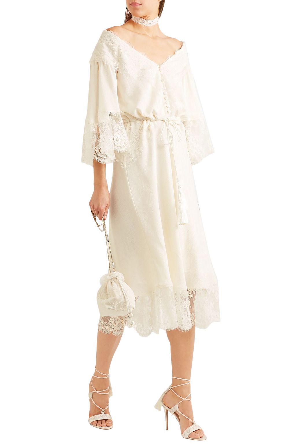ETRO Off-the-shoulder Leavers lace-trimmed silk-jacquard midi dress
