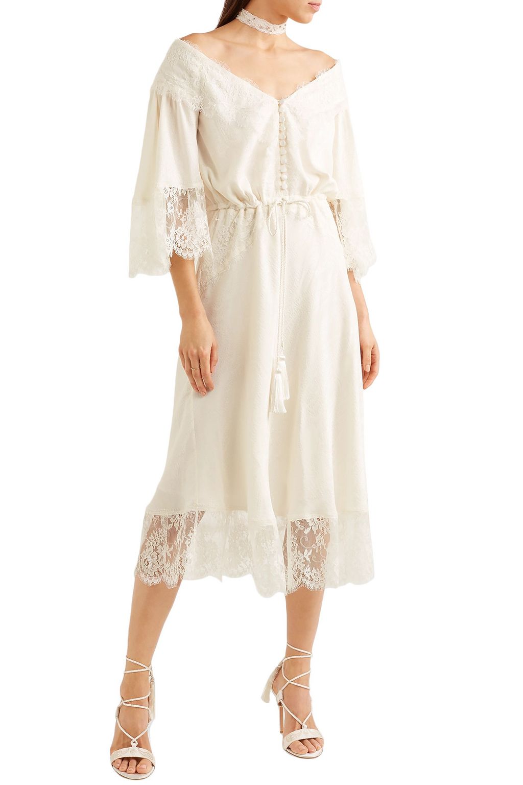 ETRO Off-the-shoulder Leavers lace-trimmed silk-jacquard midi dress