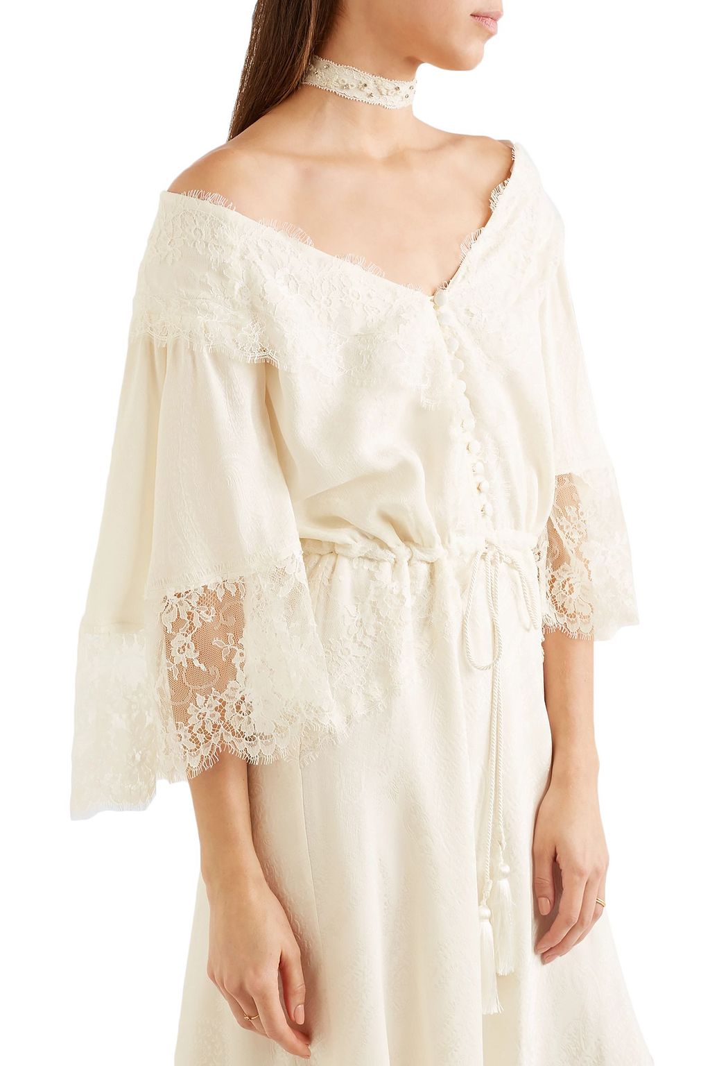 ETRO Off-the-shoulder Leavers lace-trimmed silk-jacquard midi dress