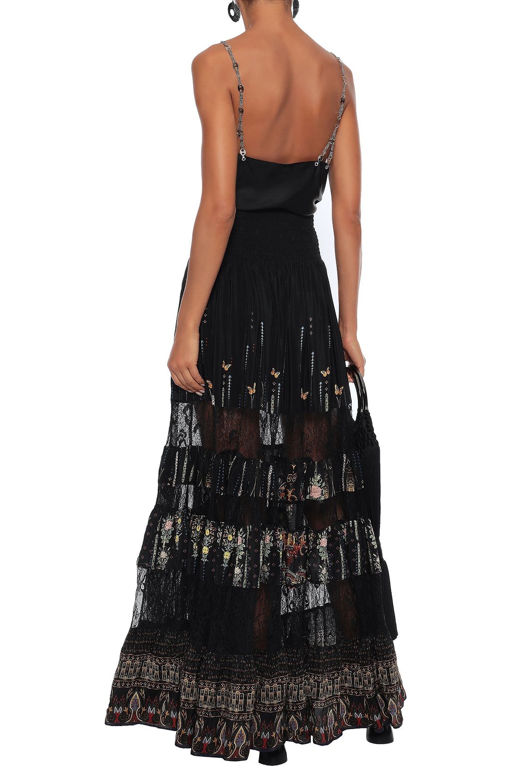 CAMILLA Crystal-embellished printed washed-silk and Chantilly lace maxi skirt