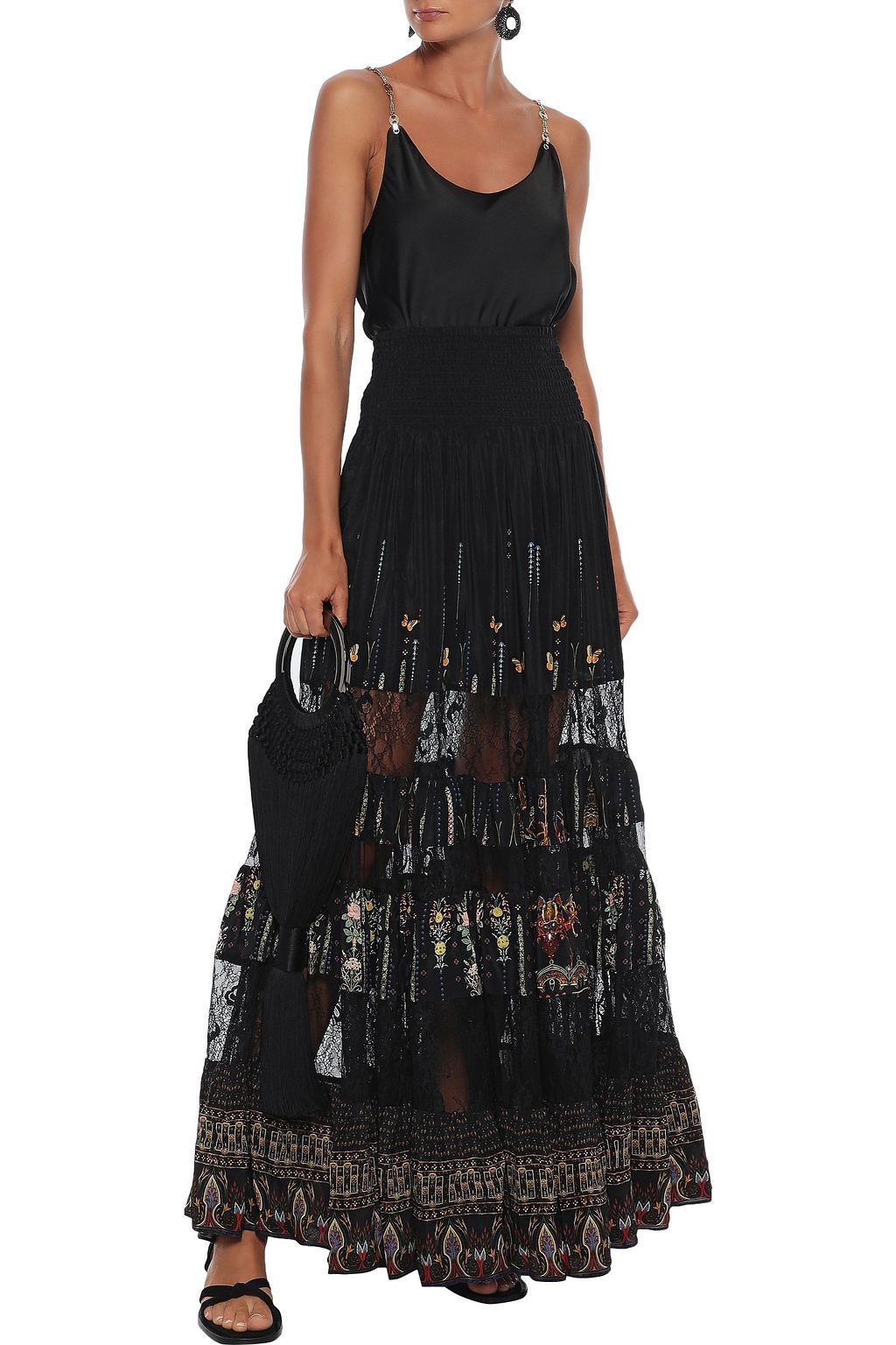 CAMILLA Crystal-embellished printed washed-silk and Chantilly lace maxi skirt